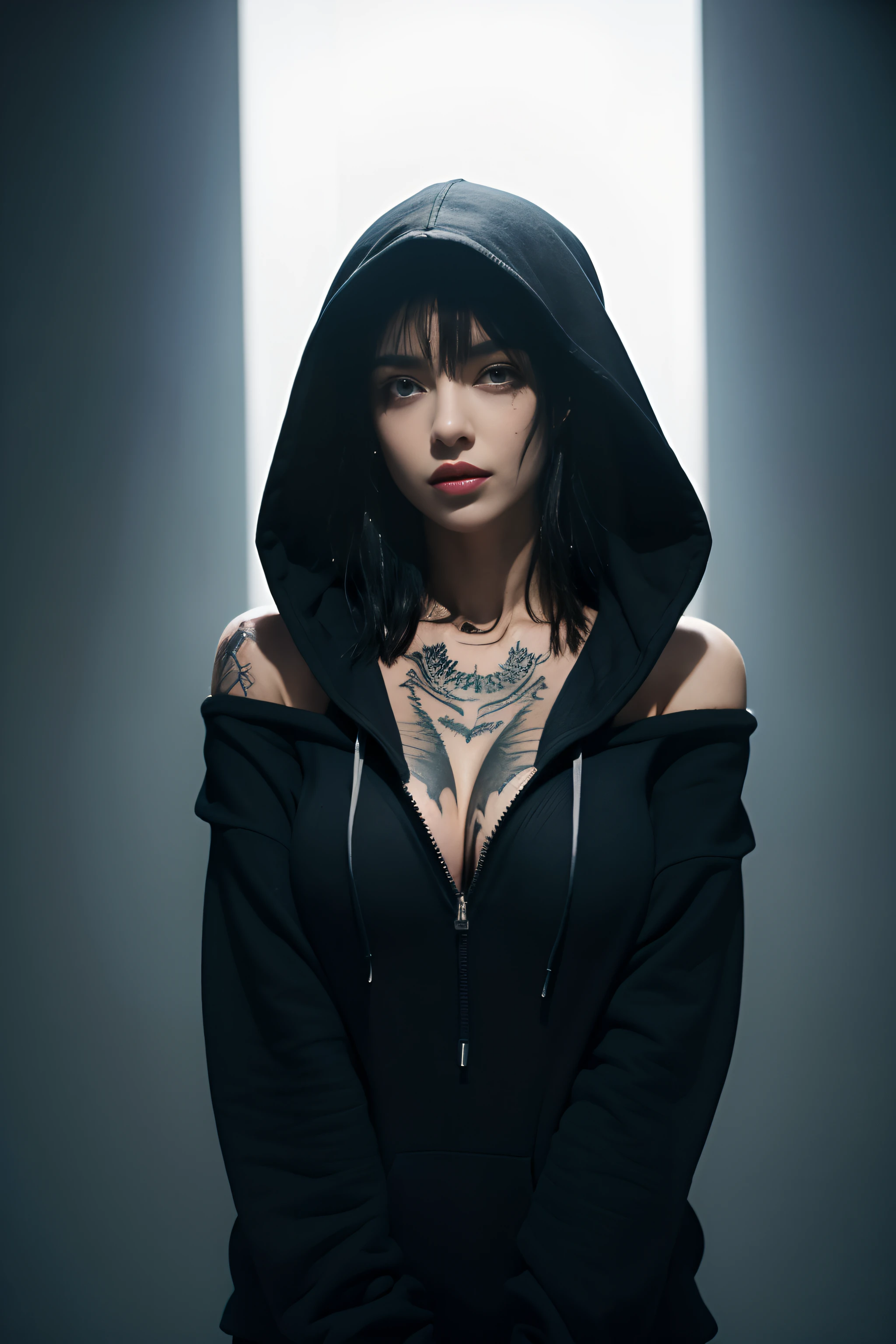 ultra high resolution, masterpiece, highest quality, perfect shiny shiny skin, perfect lighting, detailed lighting, dramatic shadow, ray tracing, 1 girl, black sweater, looking at the viewer, off shoulder, big breasts, exposed cleavage, blue eyes, sharp face, clear eyes, long bangs, short cut hair, NSFW, , ((dark background)), oversized hoodie, wearing a black hoodie, wearing an ugly black hood, Wet (sweaty, soaking Wet),(( arm tattoo)) ,