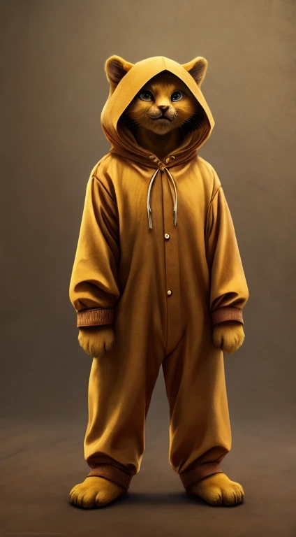 Cute kitten with anthropomorphic golden fur, two-headed, full-length figure, upright, yellow bear animal pajamas, wearing a hood, talking to the front, realistic depiction, not anime-style, not illustrative, not 3Ð model, not bust-up