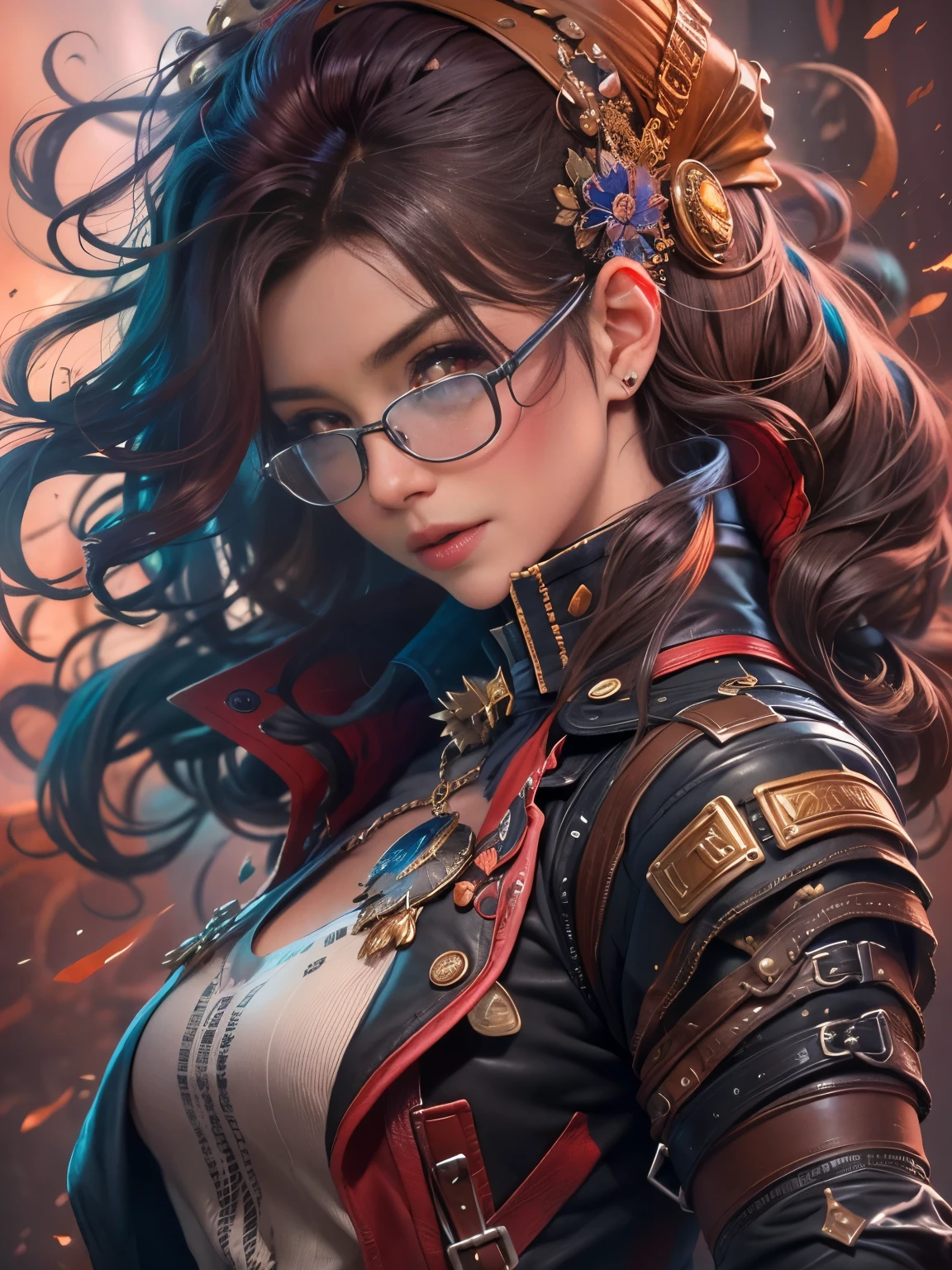 photorealistic, high resolution, game characters, 1 beautiful female, wavy hairstyle, leather jacket with a steampunk design, background otherworldly Japanese-style background—an illustration reminiscent of the beginning of a story, dynamic pose, dramatic, vivid colors. 