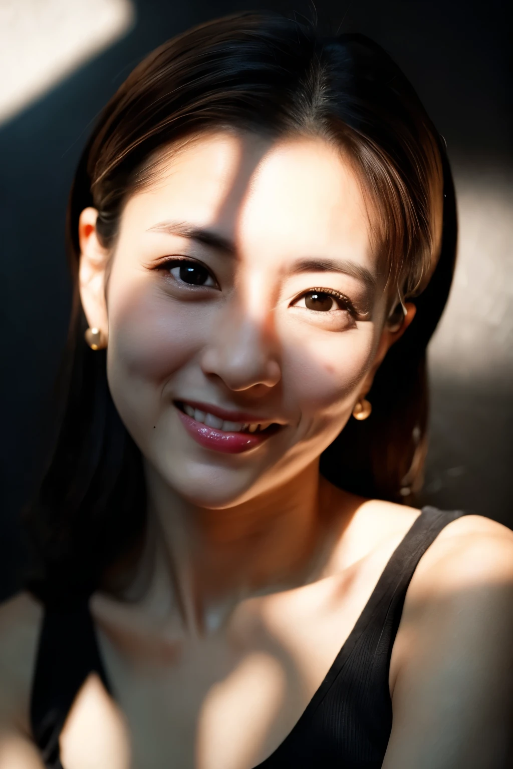 RAW photo, face portrait photo of beautiful 40 y.o woman, cute face, wearing black dress, happy face, hard shadows, cinematic shot, dramatic lighting