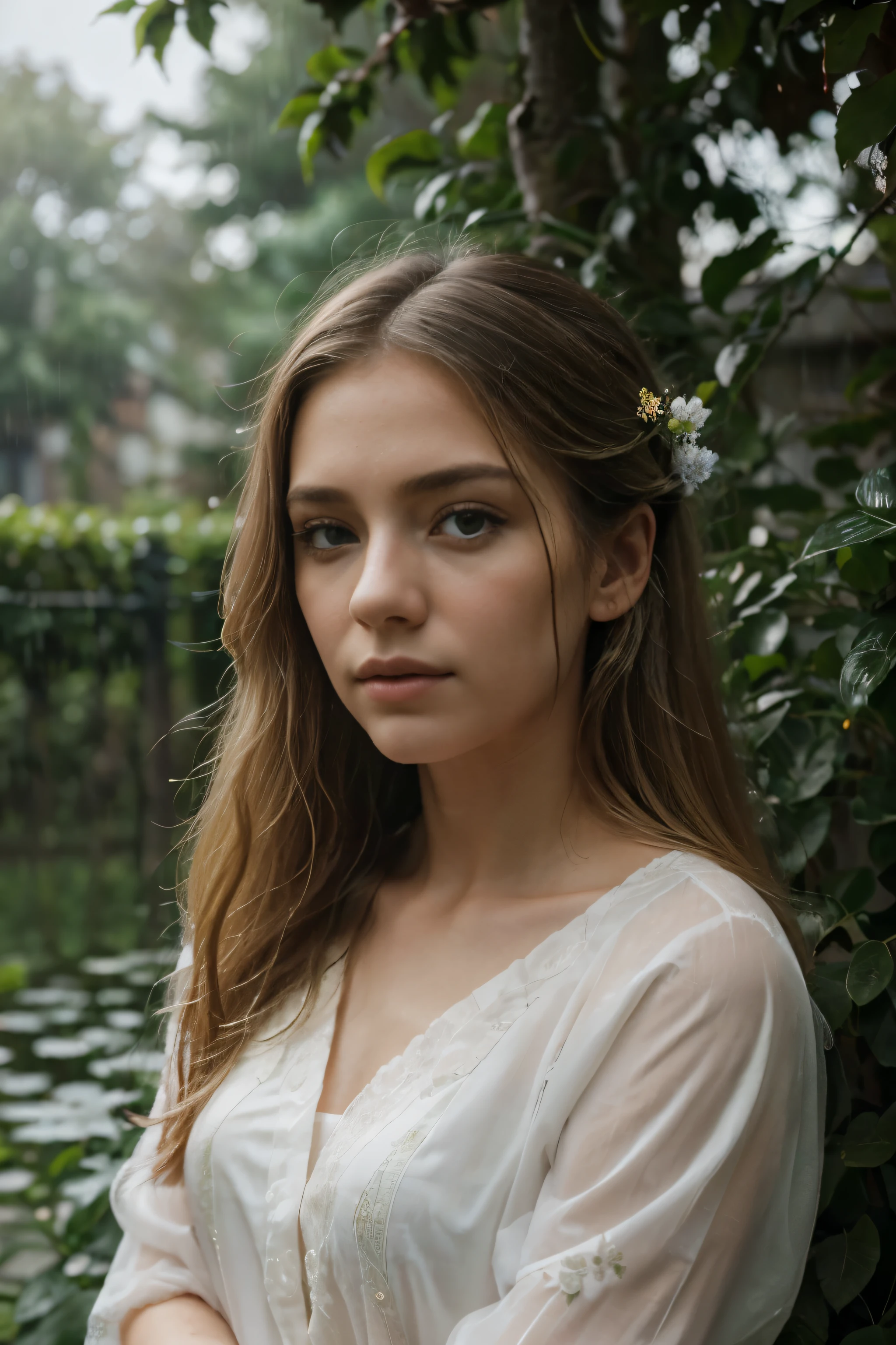(Mejor calidad,8K,ultra detallado,Obra maestra:1.2),hermoso y estetico,hyperrealism,Photography,retrato,hermosa chica, adolescente, ojos grises, Cabello largo y rubio, sad expression, rainy garden, soft lighting, foggy atmosphere, delicadas gotas de lluvia, flores vibrantes, follaje verde, superficies reflectantes, ethereal atmosphere, contemplative mood, melancholic vibes, Detalles elegantes, peaceful environment, tonos tenues.