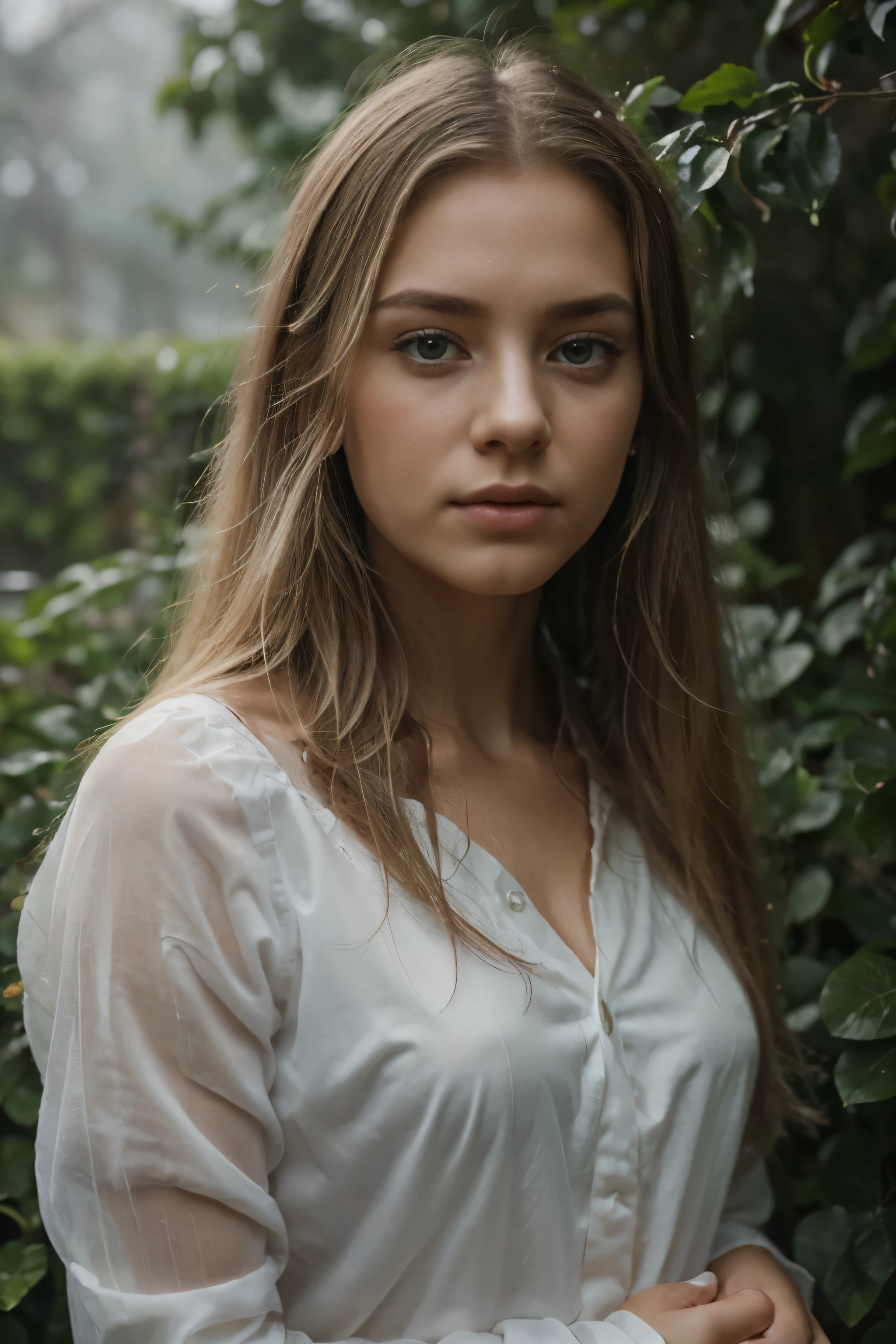 (Mejor calidad,8K,ultra detallado,Obra maestra:1.2),hermoso y estetico,hyperrealism,Photography,retrato,hermosa chica, adolescente, ojos grises, Cabello largo y rubio, sad expression, rainy garden, soft lighting, foggy atmosphere, delicadas gotas de lluvia, flores vibrantes, follaje verde, superficies reflectantes, ethereal atmosphere, contemplative mood, melancholic vibes, Detalles elegantes, peaceful environment, tonos tenues.