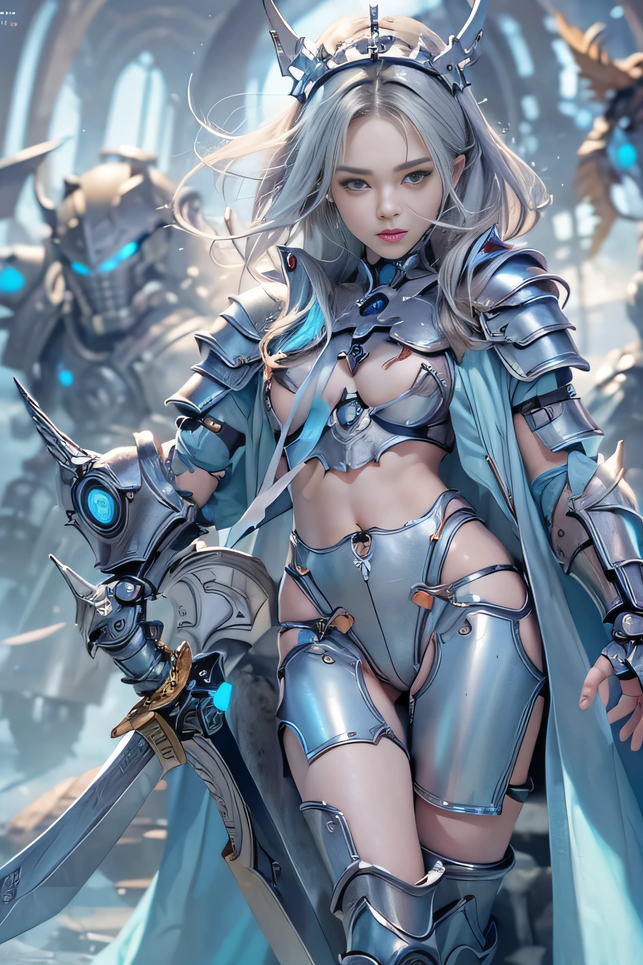 (RAW image quality:1.4), (NSFW), ((1 female:1.4)), one personで, , 7 head and body, (cute face), (Beautiful shining blue eyes:1.4), (ideal body proportions), (An android with a mechanized left leg and left arm.:1.4), (platinum metal machinery), length , chest fantasy, cleavage, big breasts, (Underboo Boo:1.4), magic effect, ((Armor that only covers the crotch and nipples:1.4)), (((Raw skin is exposed in the crotch:1.4))), (Costumes that dig into the crotch), pubic hair, (has a big sword:1.4), , strong wind, My clothes are transparent, Wet, short hair, black hair, , thin, small ass, beautiful feet, thin脚, surrealism, cinematic lighting, written boundary depth, one person'point of view, f/1.8, 135mm, nffsw, battle pose, table top, Accurate, ((anatomically correct)), rough skin, Super detailed, advanced details, high quality, award-winning, 最high quality, High resolution, 8k