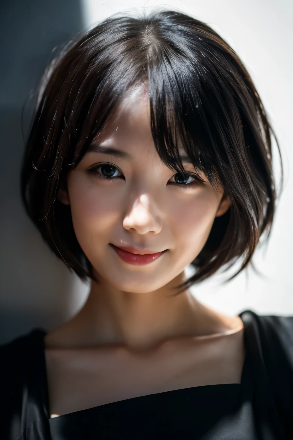 RAW photo, face portrait photo of beautiful 26 y.o woman, cute face, wearing black dress, happy face, hard shadows, cinematic shot, dramatic lighting