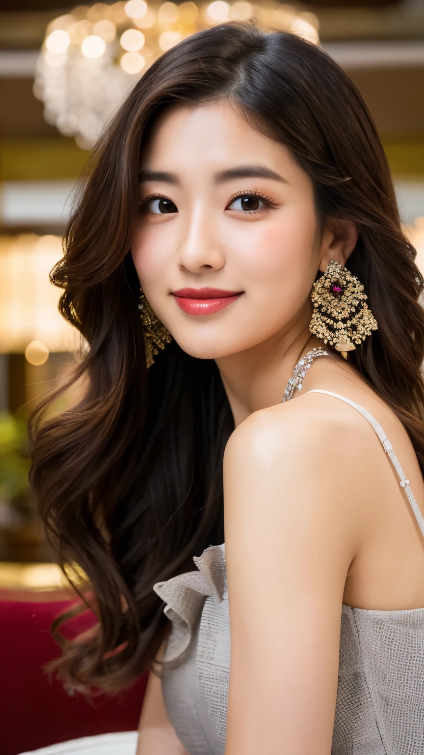 (best quality, ultra-high resolution, real, photorealistic:1.4, 8K), BREAK, a Japanese young lady, (full body:1.4), BREAK, detailed hair, long and curly brown hair, (hyper-detailed face:1.2, hyper-detailed skin:1.2), natural skin, white skin, blushing cheeks, detailed red lips, drunk, smile, BREAK, (detailed clothings, gray dress with frills:1.3, an earrings:1.2), BREAK, detailed background, (in the hotel:1.3, chandelier), natural lighting