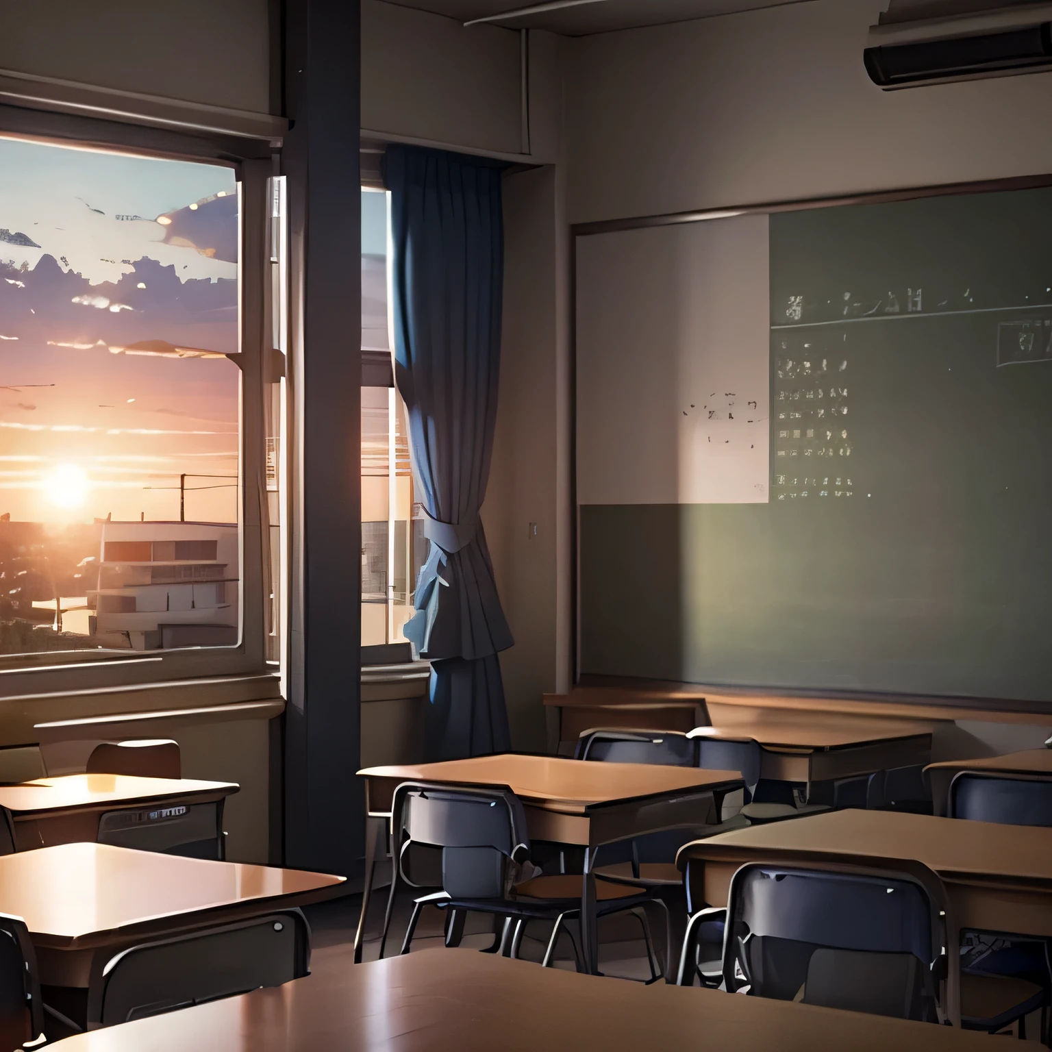 school classroom、classroom at dusk、sentimental landscape、the curtains are fluttering、The sunset is dazzling outside、Graffiti on the blackboard at the back of the classroom、There&#39;s a lot of luggage in the locker、Cluttered classroom