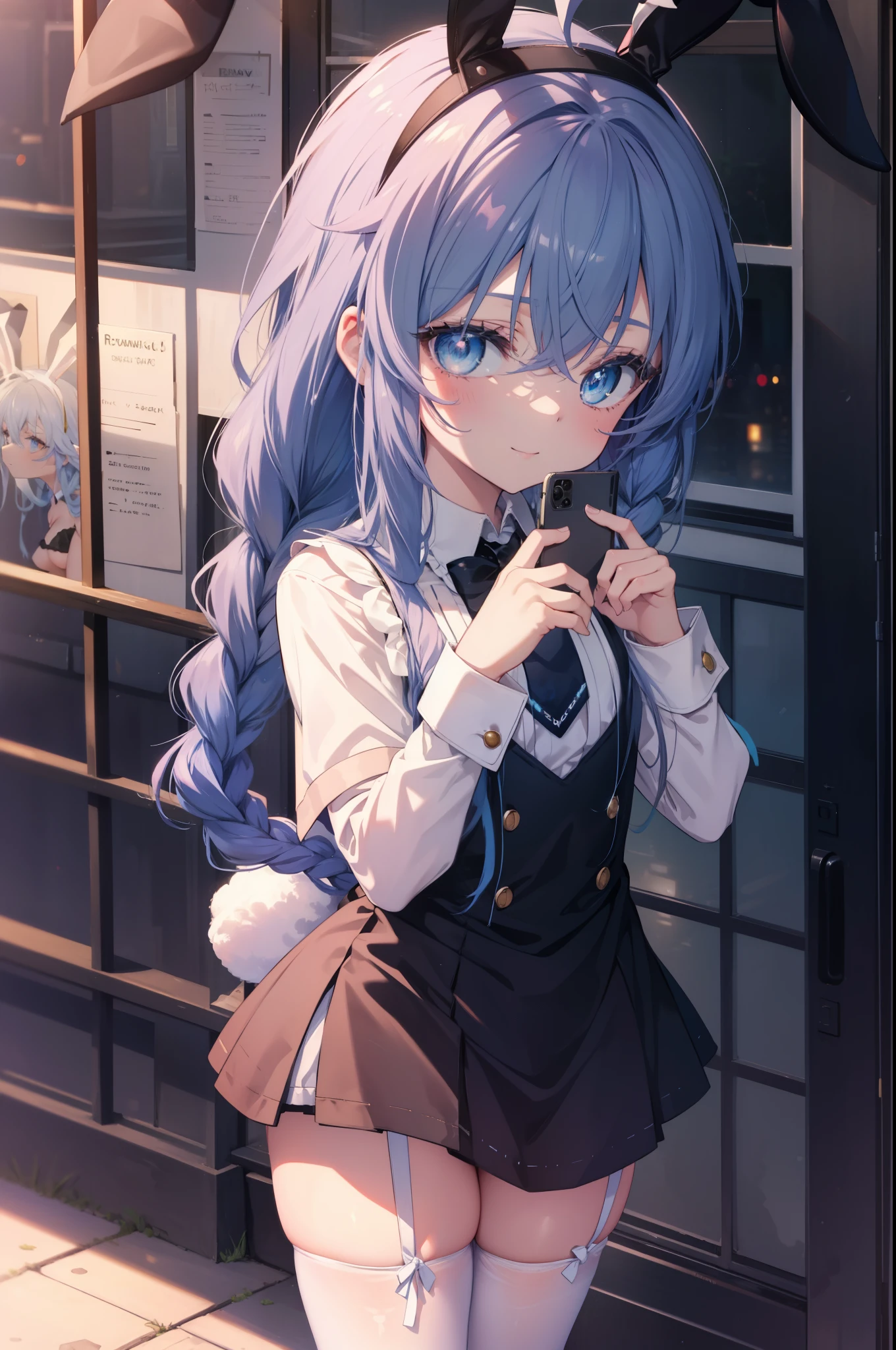 Roxymigurdia, Roxy, Ahoge, black ribbon, blue eyes, blue hair, Braid, hair between eyes, hair ribbon, long hair, twin Braids, very long hair, have, witch have,blush,smile,(Bunny girl:1.5),(Black Playboy Bunny:1.0),White pantyhose,Heel,sexy pose,have a magic wand,
break looking at viewer,
break outdoors, city,
break (masterpiece:1.2), highest quality, High resolution, unity 8k wallpaper, (figure:0.8), (detailed and beautiful eyes:1.6), highly detailed face, perfect lighting, Very detailed CG, (perfect hands, perfect anatomy),