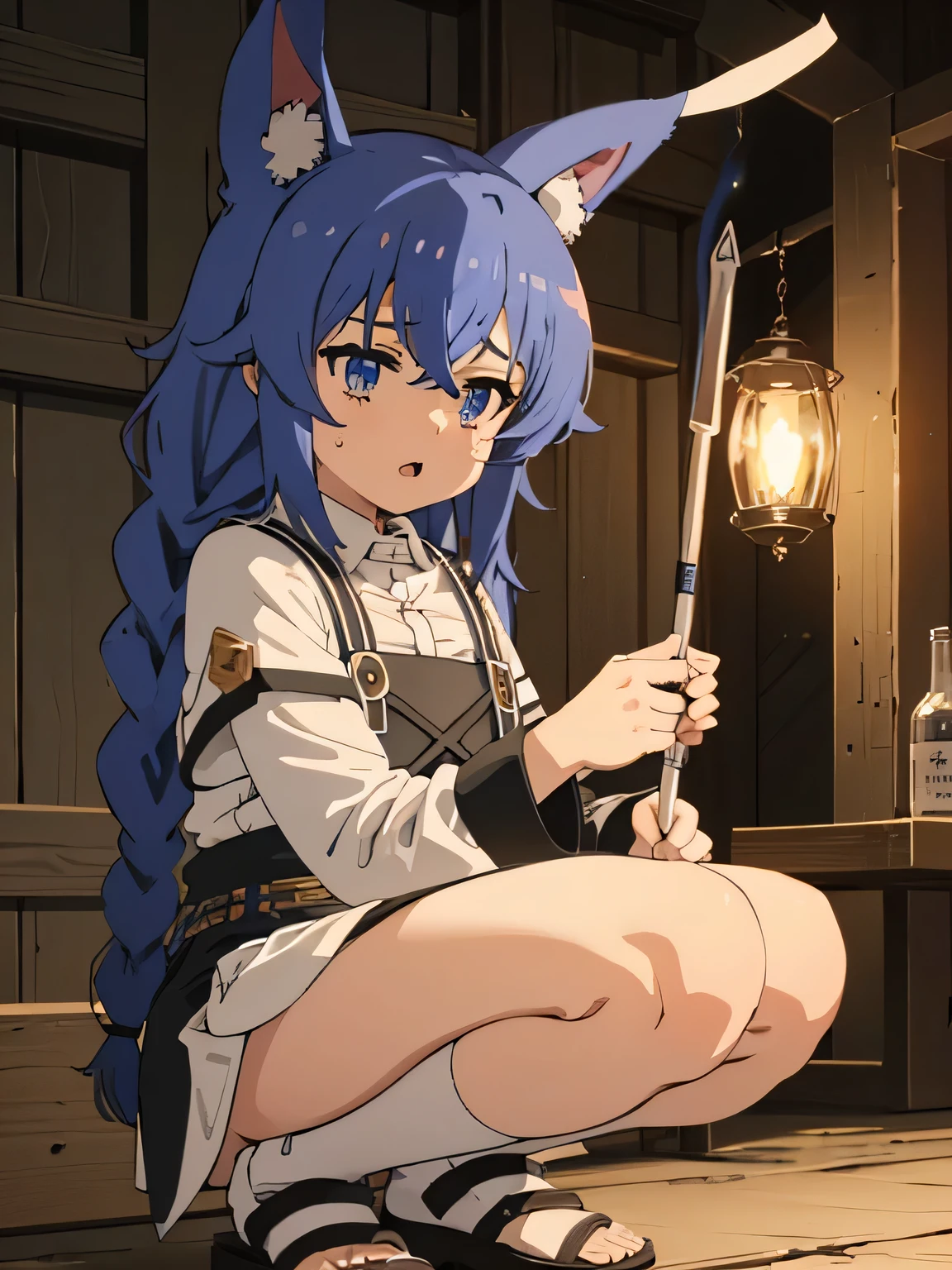 Roxy_Migurdia(Mushoku Tensei)、1 girl、{5 heads and bodies:1.5}、Very young schoolchildren、masterpiece、highest quality、blue eyes、crimson blue hair、double big braids、{I can see white pants}、{kind}、{Calm}、Viewers are watching、{Low - Angle}、{NSFW}、((squat:1.5))、((From her front:1.8))、{10 years old}、with a big magic wand