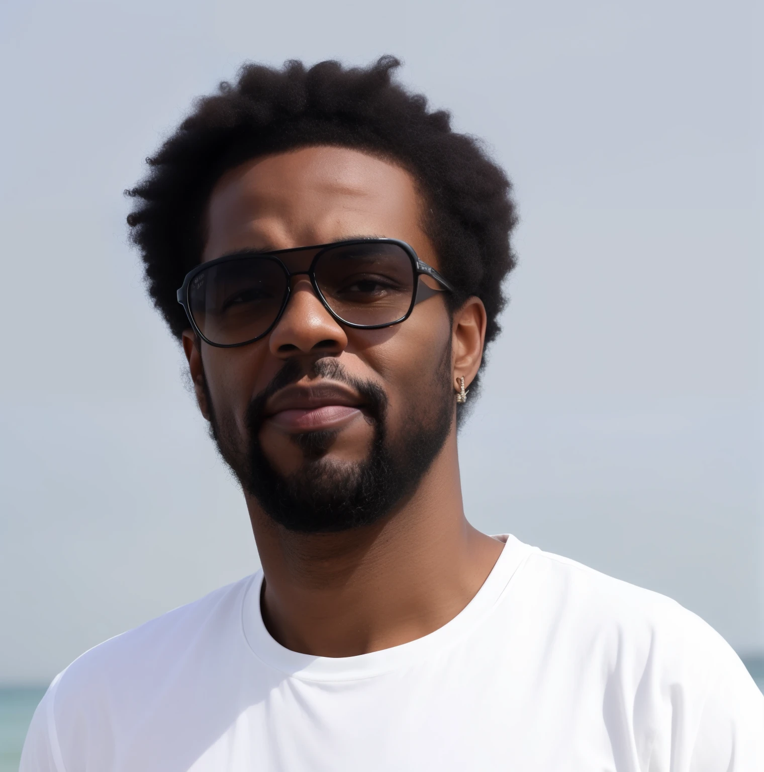 il y a un homme avec une barbe et des lunettes de soleil debout au bord de l'eau, homme noir avec afro hair, afro descendant ; curly-haired, A black man with long curly hair, Denzel wsshington, prise au début des années 2020, en 2 0 22, dans 2 0 1 5, avec afro, Cedric Payravernay