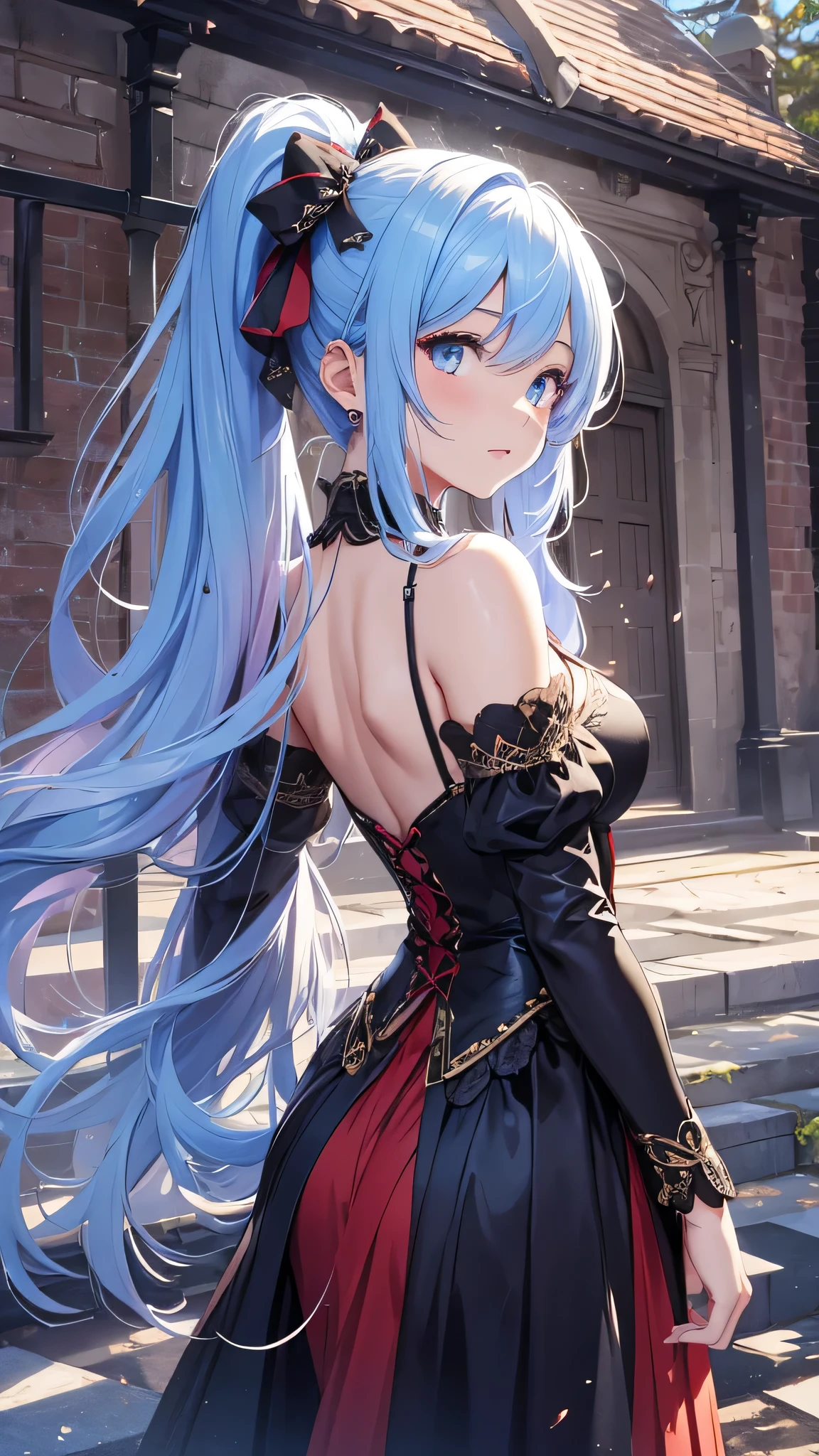 最high quality、best image quality、masterpiece、girl((20-year-old、 By becoming、vest bust、medium bust,wide open breast tea、shining eyes, light blue hair、long hair、thin,highest valley、ponytail、action of looking up、bandage、black dress、long skirt、Rear view、emphasize the buttocks)),high quality、beautiful art、background((Gorgeous castle、red rain falls))、Flight、debris flies、Depth of written boundary、movie、visual art、perfect art、8k,genuine、