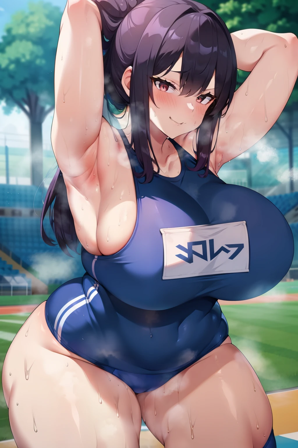 Woman in a  sport outfit, sport bra, curvy, busty, evil smirk, dominant stare, thick thighs, sweaty, sweat rag, drying off, left hand on her right armpit, looking at viewer