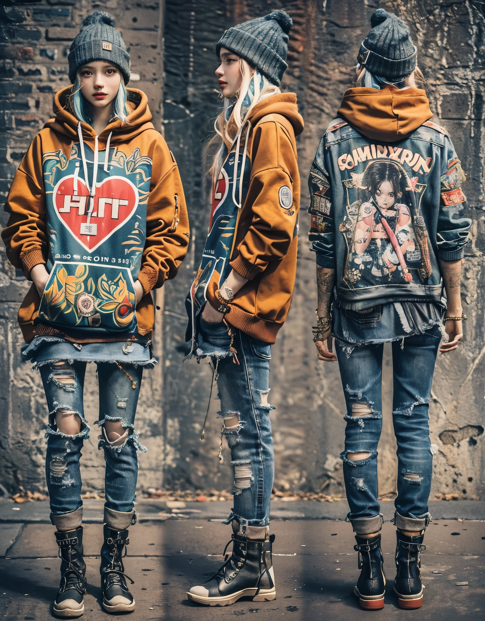   8k, RAW photo, best quality, masterpiece, realistic, photo-realistic, clear, professional lighting, beautiful face, best quality,ultra high res
BREAK

((street art influence) theme:1.4), (oversizedhoodie with a replica of a Banksy graffitiprint, paired with ripped jeans and combatboots:1.3), (accessorized with stencil artinspired jewelry, beanie with politicalstatement patches, and arm warmers:1.3),