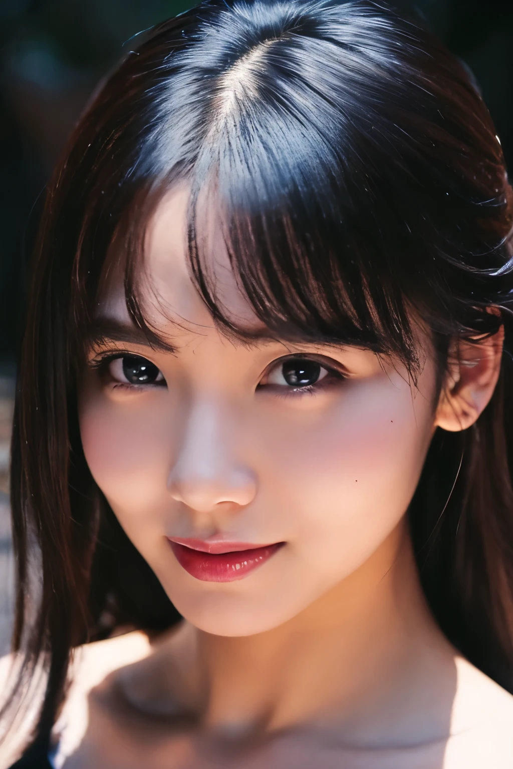 highest quality, epic realistic, ((in the pitch black darkness :1.4)), ((portrait:1.5)),(background: dark ) high contrast ,glorious picture, lowest lux, lighting face, she's comfortable,wearing nothing, looks incredible, (8k, Raw photo, Highest quality),(epic realistic:1.5), a woman, face,(detailed eyes:0.8),(looking at the camera:1.4), (Highest quality), ( high contrast, deep shadows),Intricate details,cinematic,((skin:1.4)), (long dark hair:1.3), long hair, messy ,(Hdr:1.5),Detailed, colors, Superior quality, ( starry sky: 1.4), Masterpiece, Raw Photo (20-year-old, looking at viewer), beautiful, (wearing nothing,), perfect, natural, perfect composition, portrait, perfect face, smiling expression, Captivating eyes, Bright details, Tight lips, (High Skin Detail),, (blue tint: 0.6), (sale: 0.8), (bloody: 0.7), Key lighting , (backlight: 0.5), Medium depth of field, Canon 5d, 50mm lens, f/4 apertures, (Ultra-detailed, Complex detail), sharp focus, soft colors, 8k, Absurd, 80mm, dark background, photography, smiling, pinay, filipina, medium boobs,