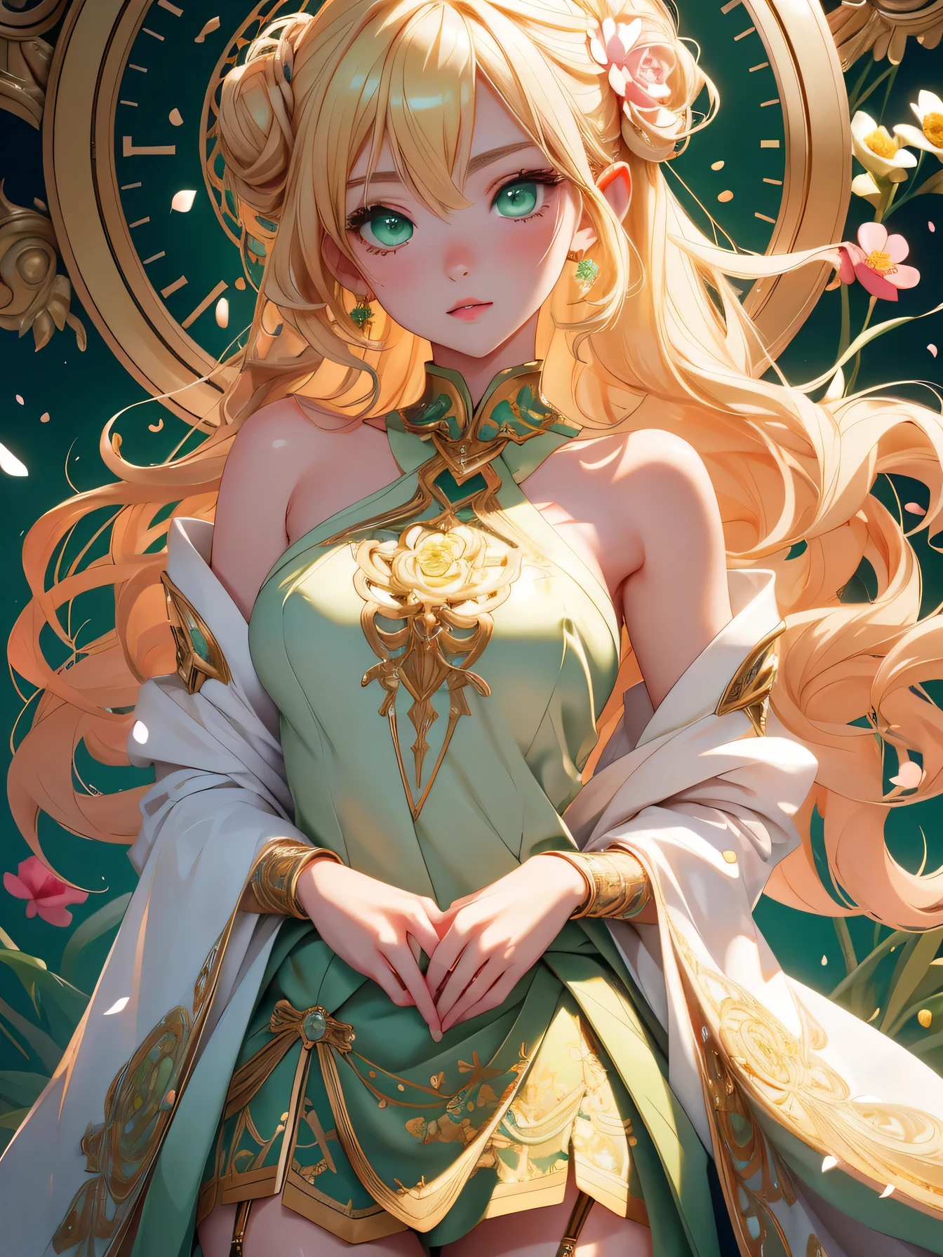tmasterpiece、topquality、Alphonse Mucha、Jugendstil、
(Tarot card style:1.3)、Unique Tarot Card Structure, including floral and green elements、
blunt bangs、Long hair with pink double ponytails,,,、Upper torso、looking at the viewers、
In the middle of a green garden、Mysterious girl in a floral dress、Enjoy the sunshine, which illuminates flowering plants and ancient tarot symbols.、Dance with Unearthly Creatures。
roses、lily、Cherry trees、calamus、leaves、moss、vine、Elegant dresses, Inspired by nature、Necklace with flowers and leaves、耳环、circlet、A bracelet、hair ornaments、Butterflies、bird、bee、Tarot symbols, Reimagined with floral and green ornaments、godesses、Flower Garden、woods、Natural background, like a, For example, shore of the lake、Efficient use of light and shadow、
Realistic & Ультрареалистичный 3D、zentangle、