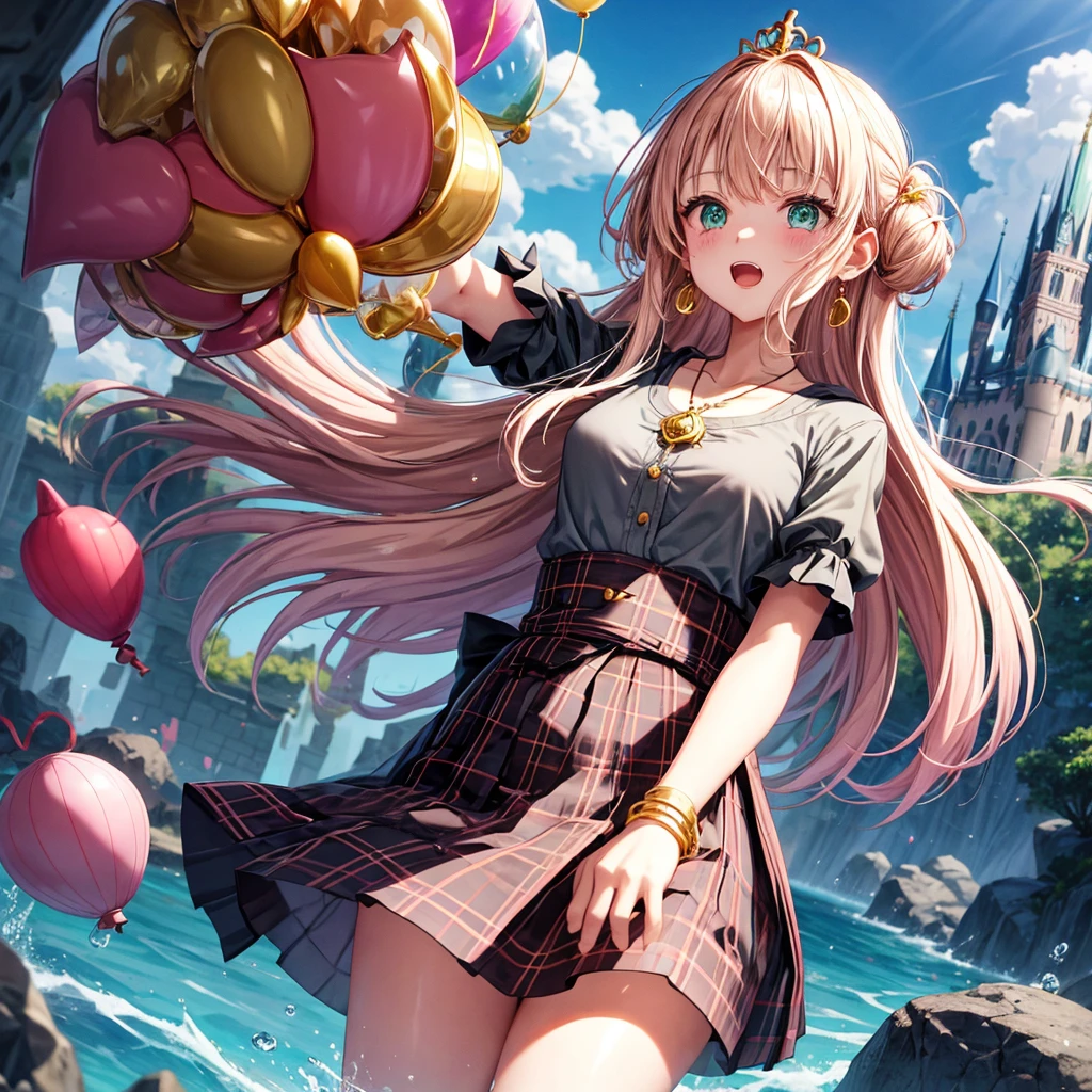 pink blonde、green eyes、one good looking girl、solo、anime、plaid mini skirt、the skirt has buttons、black camisole、black t-shirt、dress、wearing a ribbon、ribbon at waist、cloak、hood、clouds are swirling、stone slabs are piled up、one hand raised、crystal earrings、sun、teeth are visible、splash of water、monster castle、have a world map、ceiling、golden key、balloon、jewelry necklace、tiara、Light and shadow