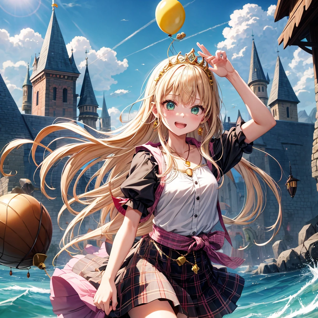 pink blonde、green eyes、one good looking girl、solo、anime、plaid mini skirt、the skirt has buttons、black camisole、black t-shirt、dress、wearing a ribbon、ribbon at waist、cloak、hood、clouds are swirling、stone slabs are piled up、one hand raised、crystal earrings、sun、teeth are visible、splash of water、monster castle、have a world map、ceiling、golden key、balloon、jewelry necklace、tiara、Light and shadow