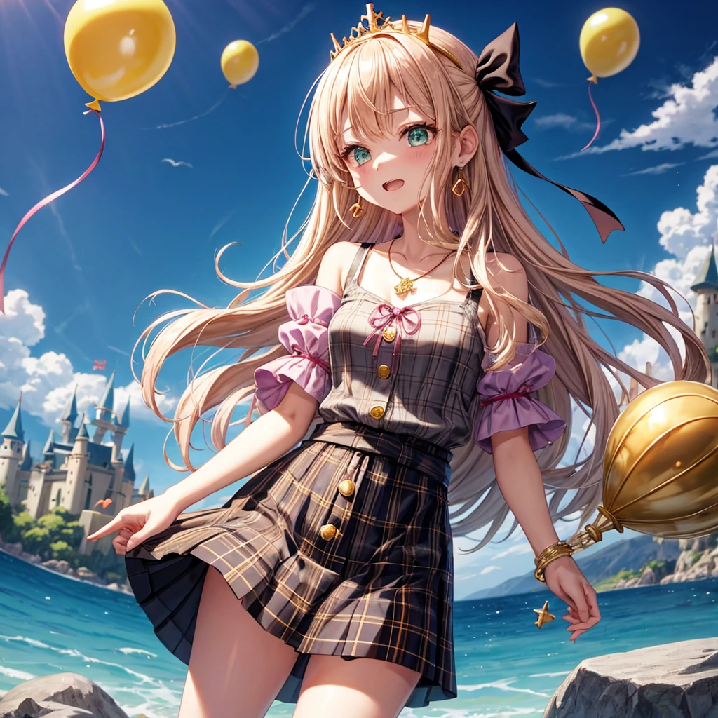 pink blonde、green eyes、one good looking girl、solo、anime、plaid mini skirt、the skirt has buttons、black camisole、black t-shirt、dress、wearing a ribbon、ribbon at waist、cloak、hood、clouds are swirling、stone slabs are piled up、one hand raised、crystal earrings、sun、teeth are visible、splash of water、monster castle、have a world map、ceiling、golden key、balloon、jewelry necklace、tiara、Light and shadow