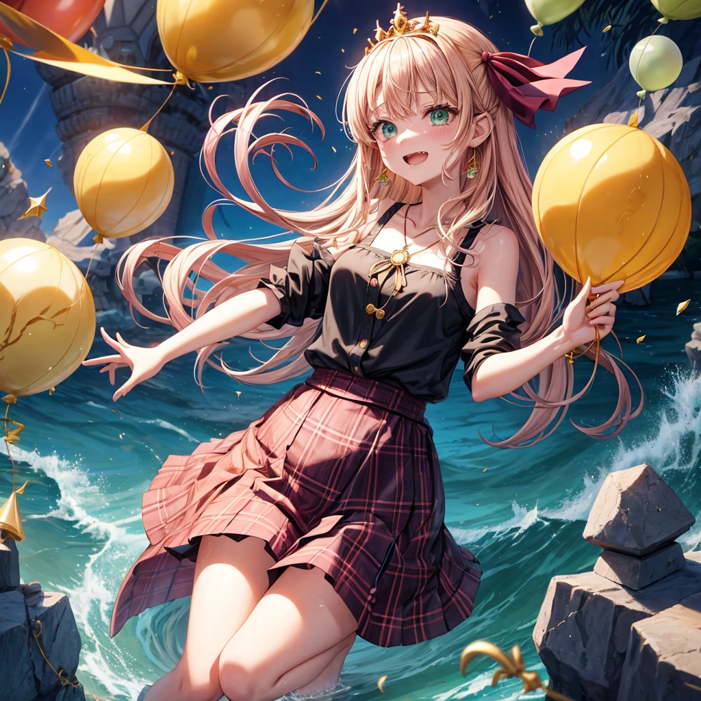 pink blonde、green eyes、one good looking girl、solo、anime、plaid mini skirt、the skirt has buttons、black camisole、black t-shirt、dress、wearing a ribbon、ribbon at waist、cloak、hood、clouds are swirling、stone slabs are piled up、one hand raised、crystal earrings、sun、teeth are visible、splash of water、monster castle、have a world map、ceiling、golden key、balloon、jewelry necklace、tiara、Light and shadow