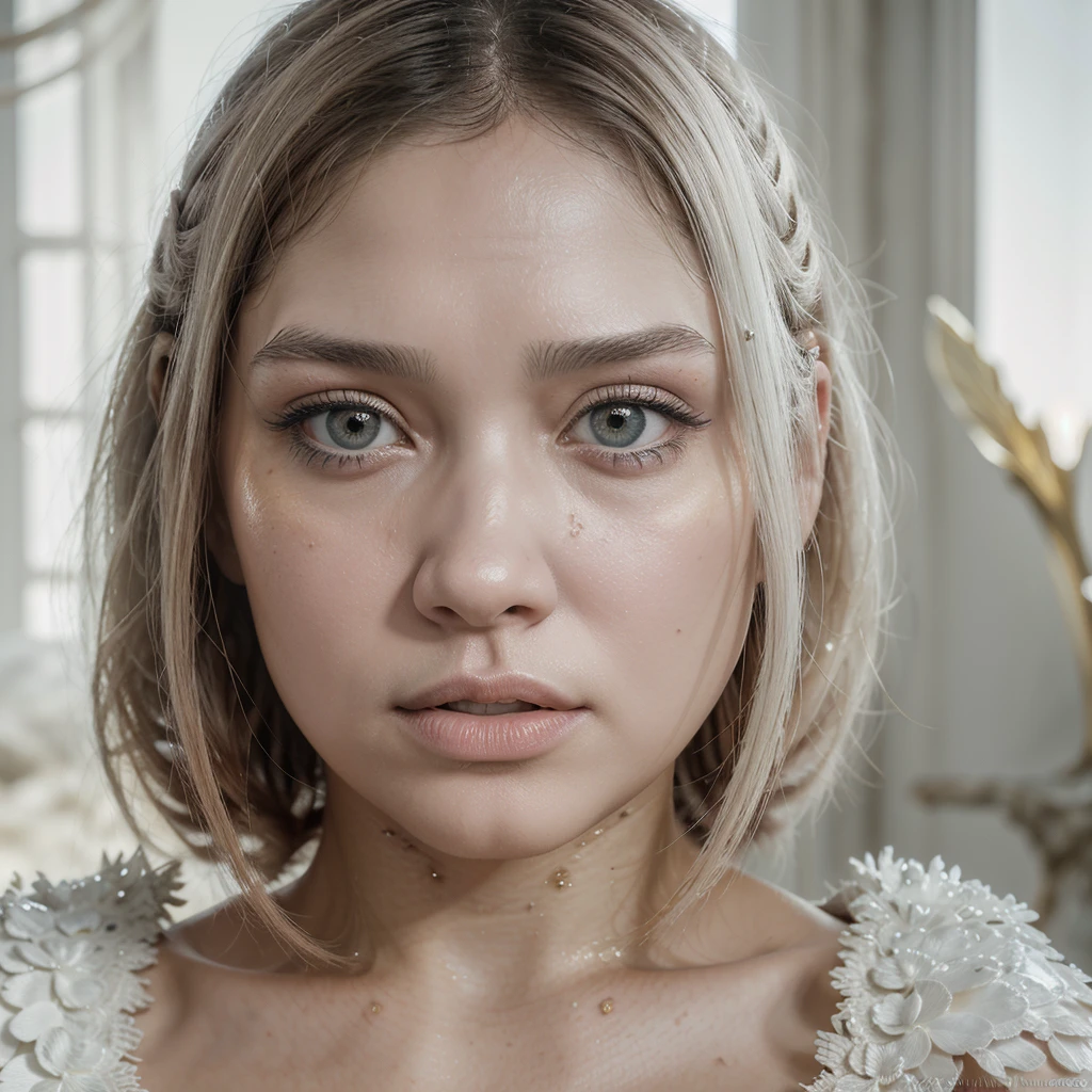 oil painting of (koh_emiliaclarke), (cabelo longo:1.1), (parado em uma varanda), (white tunic:1.1), coxas perfeitas, (castelo de jogo dos tronos ao fundo:1.2), Atmospheric lighting, film composition, arte conceitual, digital illustration, detalhado, arte de brian m viveros e maciej kuciara e mark keathley, luz natural, 4k, alto detalhe, ((Olhos perfeitos)), (detalhado pupilal iluminado, (cabelo branco:1.3)