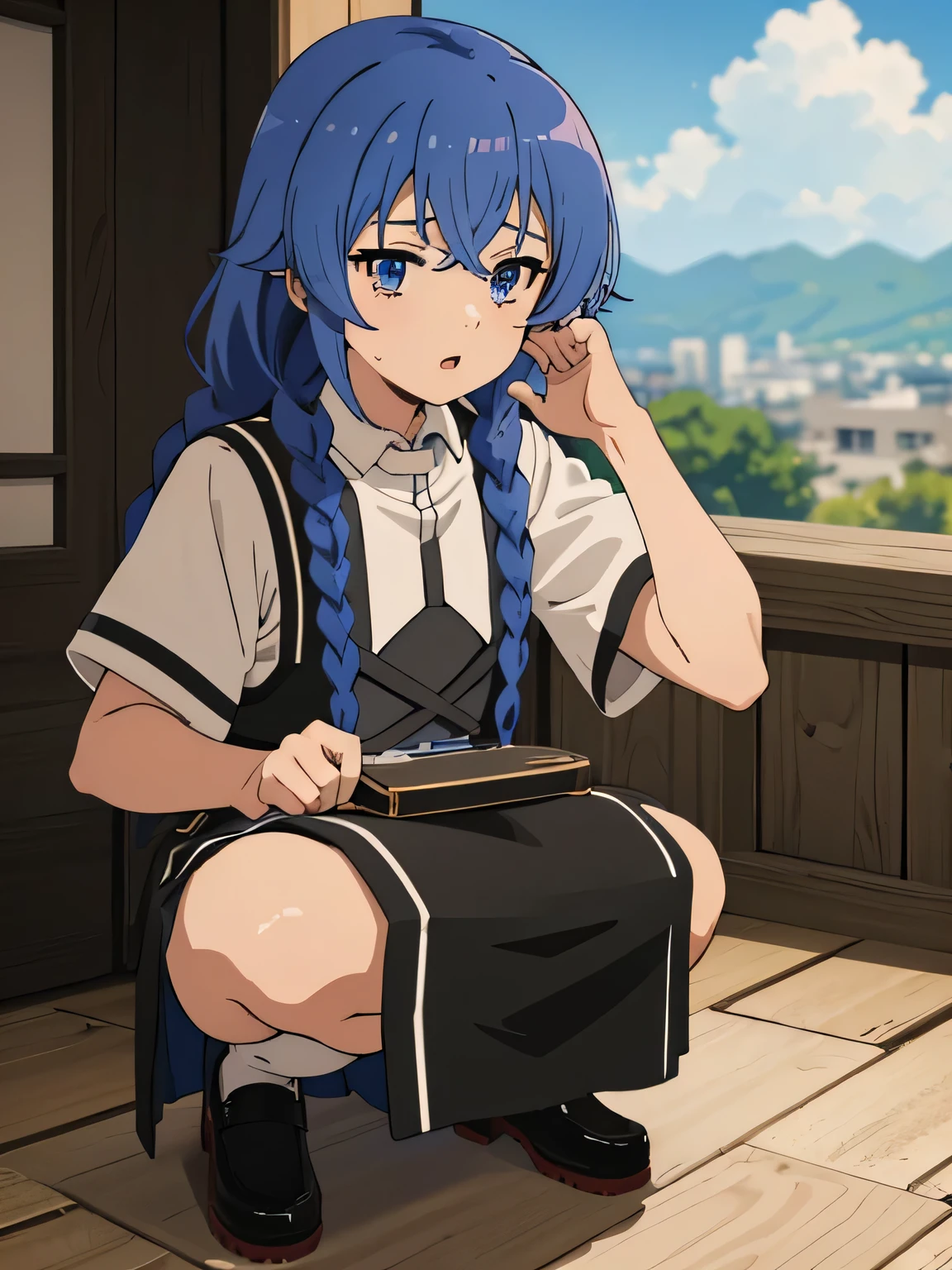 Roxy_Migurdia(Mushoku Tensei)、1 girl、Very young schoolchildren、masterpiece、highest quality、blue eyes、crimson blue hair、double big braids、{The skirt is flipped up to reveal white panties.}、{kind}、{Calm}、{{}}、Viewers are watching、{Low - Angle}、{NSFW}、((squat:1.5))