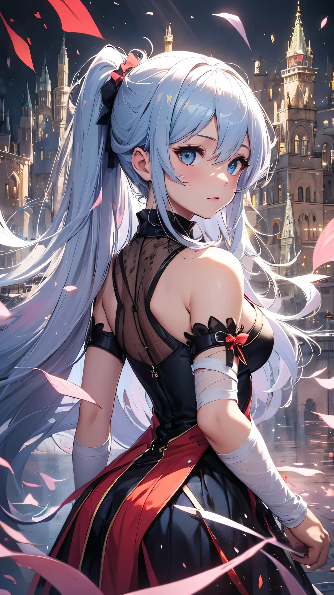 最high quality、best image quality、masterpiece、girl((20-year-old、 By becoming、vest bust、medium bust,wide open breast tea、shining eyes, light blue hair、long hair、thin,highest valley、ponytail、action of looking up、bandage、black dress、long skirt、Rear view、emphasize the buttocks)),high quality、beautiful art、background((Gorgeous castle、red rain falls))、Flight、debris flies、Depth of written boundary、movie、visual art、perfect art、8k,genuine、