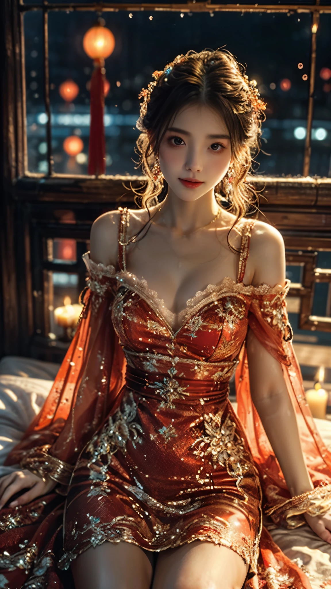 AncheReddressgirl, yinziping,china dress, 1girl, Lying in bed, ((Bird's eye view shot)), ((cowboy shot)), Show off your exquisite figure and graceful curves, slim body, big breasts, cleavage, sexy legs, big eyes, elegant posture, long hair, brown hair, curls, big wave, night, candlelight, Warm colors, masterpiece, best quality, correct, 解剖学correct, official art, complex, detail的脸, detail, lifelike, Very detailed, official art