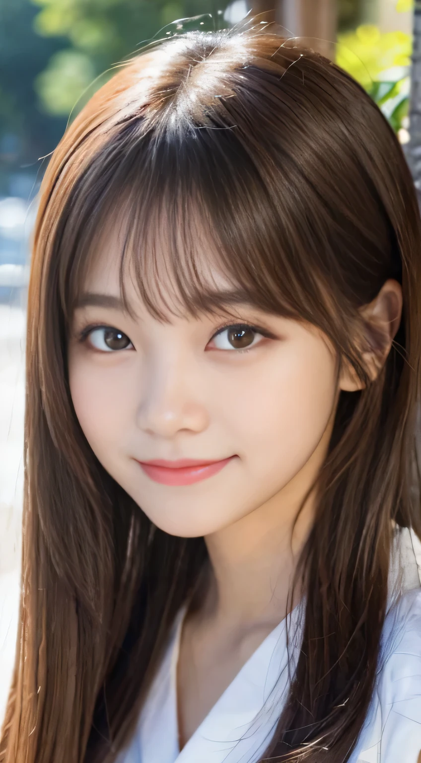 table top, highest quality, shape, Super detailed, finely, High resolution, 16k, perfect dynamic composition, straight hair, medium hair, brown hair,natural color lip, smile, 20歳のgirl、cute、beautiful、完璧でbeautiful顔, beautiful and detailed face, slim face and body, Elegant face, KPOP idol face、Japanese idol faces、small face、Big eyes, brown eyes, droopy eyes, 緻密でbeautiful目, girl, No bangs, near the river、yukata、