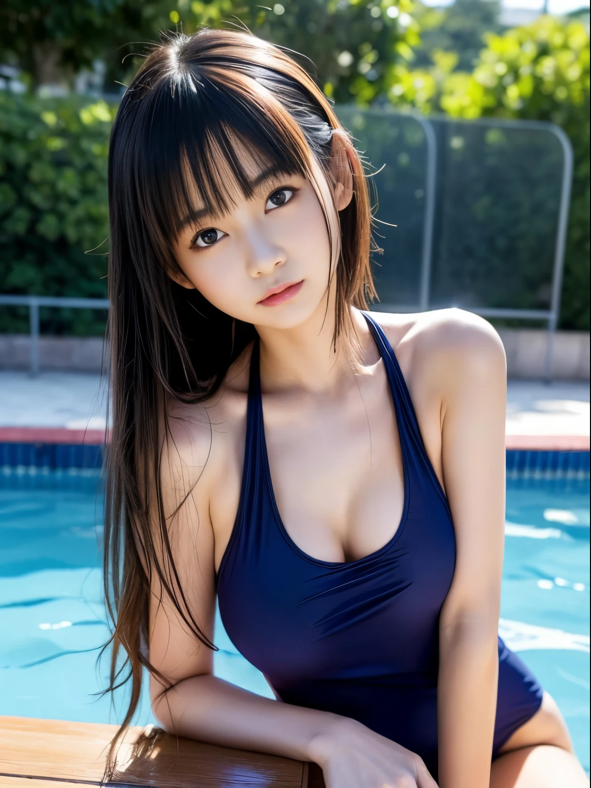 (highest quality, 8k, 32K, table top, nffsw:1.2), photo of cute japanese woman,(anime illustration:1.5) , (1 girl,beautiful girl pictures, 14 years, japanese gal, Upper body, surreal, very detailed ,beautiful eyes, looking at the viewer, perfect face, (big breasts), sunburn, I am wearing a plain navy blue school one-piece swimsuit......, cheap, wide tank, Navy blue, same design, Wet, high beam, school poolside, One Piece Swimsuit Pull:1.2, Breast flick)