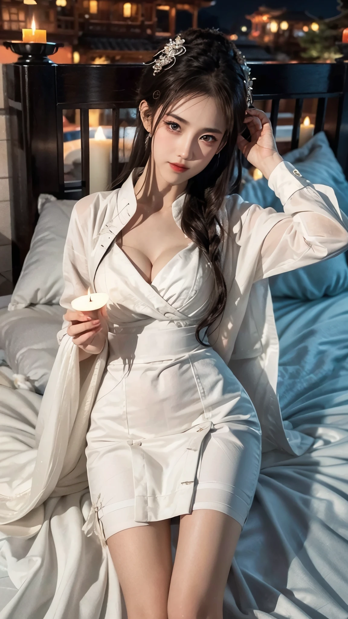 BAINV,, yinziping,china dress, 1girl, Lying in bed, ((Bird's eye view shot)), ((cowboy shot)), Show off your exquisite figure and graceful curves, slim body, big breasts, cleavage, sexy legs, big eyes, elegant posture, long hair, brown hair, curls, big wave, night, candlelight, Warm colors, masterpiece, best quality, correct, 解剖学correct, official art, complex, detail的脸, detail, lifelike, Very detailed, official art