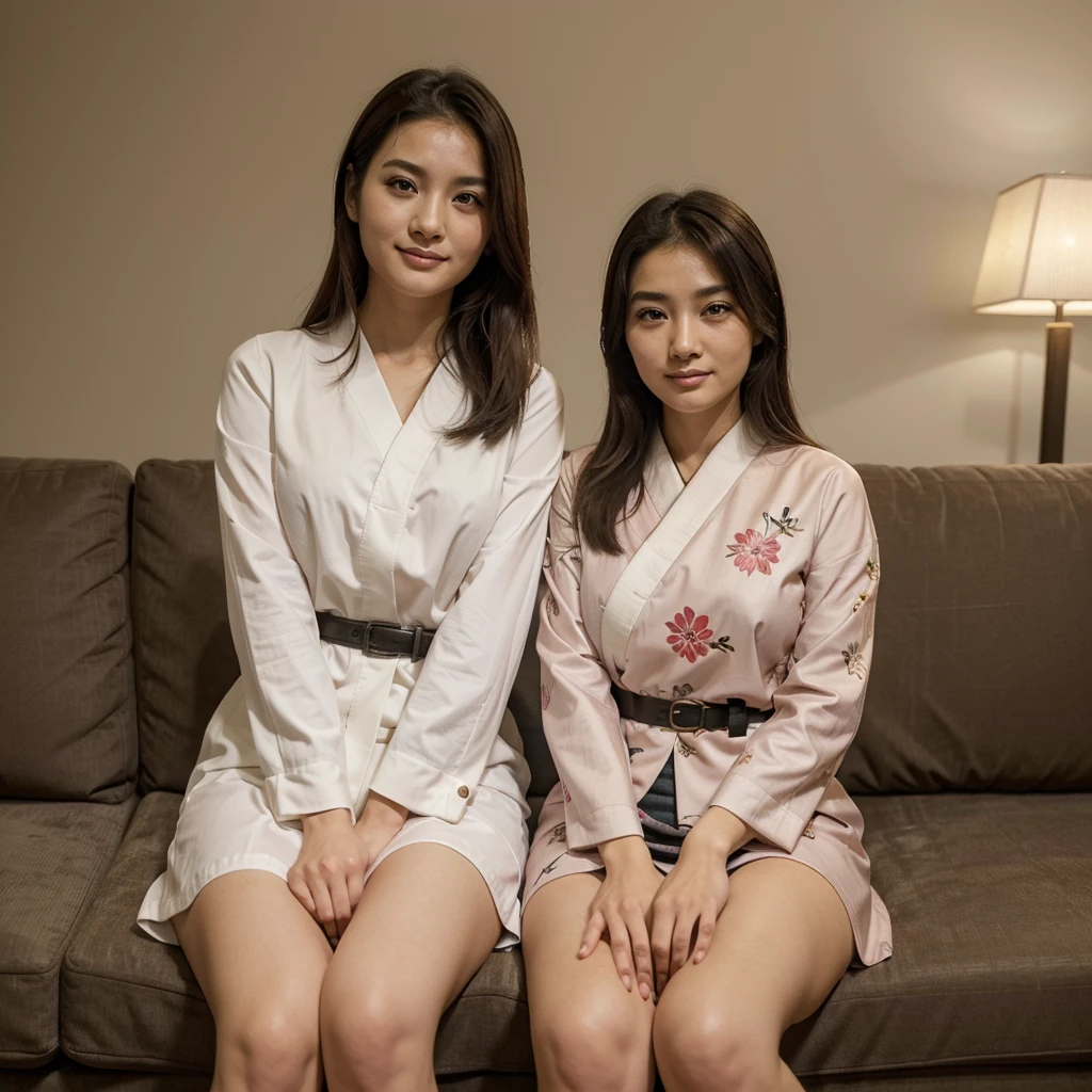Best-quality, Masterpiece, Ultra-High-Resolution, (Photorealistic:1.4), Raw-Photo, lesbian-couple, sitting on luxurious-sofa at home, laughing out loud, making love, all different face, face-focus, ((1girl, -yeld, thost famous Japanese idol, extremely beautiful black-short-cut-haired, extremely cute face, extremely beautiful big-black-eyes, completely drunk, highly-sexed, intense sexual desire, strong sexual desire)), ((1woman, 25-years-old, the most famous Japanese actress, extremely beautiful light-brown-long-haired, extremely beautiful face, extremely beautiful big-black-eyes, extremely beautiful big-breasts)), both wearing only matching-pajamas with cute-design, detailed luxurious-sofa, detailed matching-pajamas, detailed matching-pajamas-with-cute-design