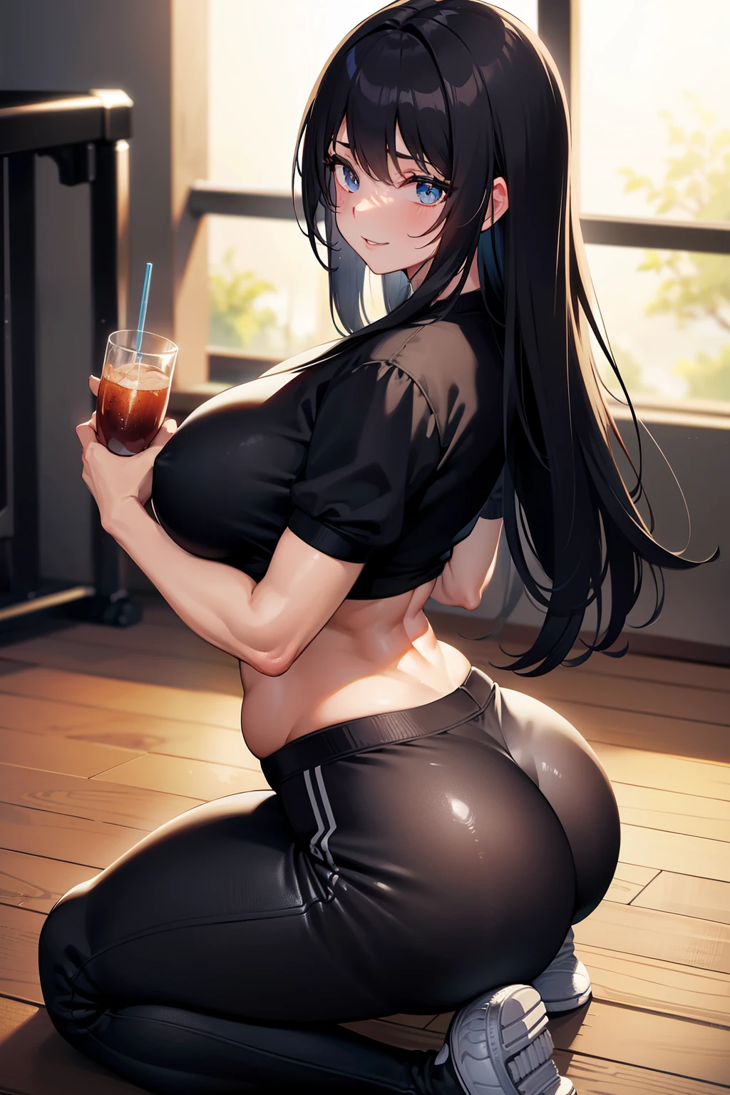 Best quality, massive breasts, massive ass, very curvy, long black hair, black hair, long black hair blue eyes slutty, gyaru, full lips, seductive, smiling, gym, workout, exercise, black clothes, yoga pants, gym, lifting, heavy lifting, darkskin, tan, grey pants, grey yoga pants white massive ass, curvy milf, exercise, exercising, , gym, inside the gym, ultra clean, ultra hd, black striped clothes, black stripes, black pants , best quality, dynamic pose, sitting, sitting on the ground, sitting, drink, drinking water, drinking water, drinking water out of bottle, milf, big lesgs, big , plump, curvy, drinking water