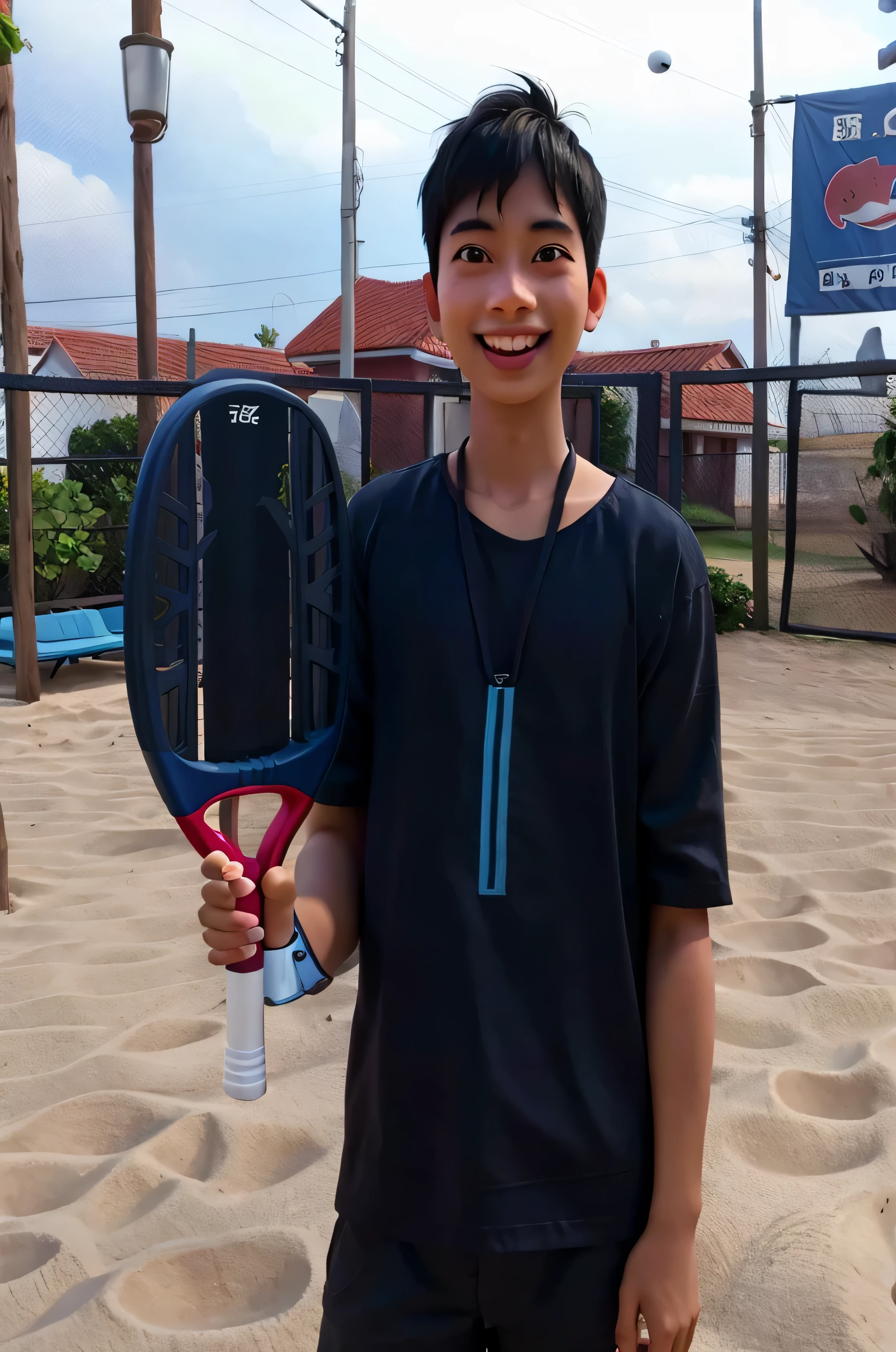 ,Korean teenage handsome boy, skinny fat body nude body, small waist swimwear, Speedo, standing tennis court, sunshine day, blue sky white clouds ,2 guys tennis player 