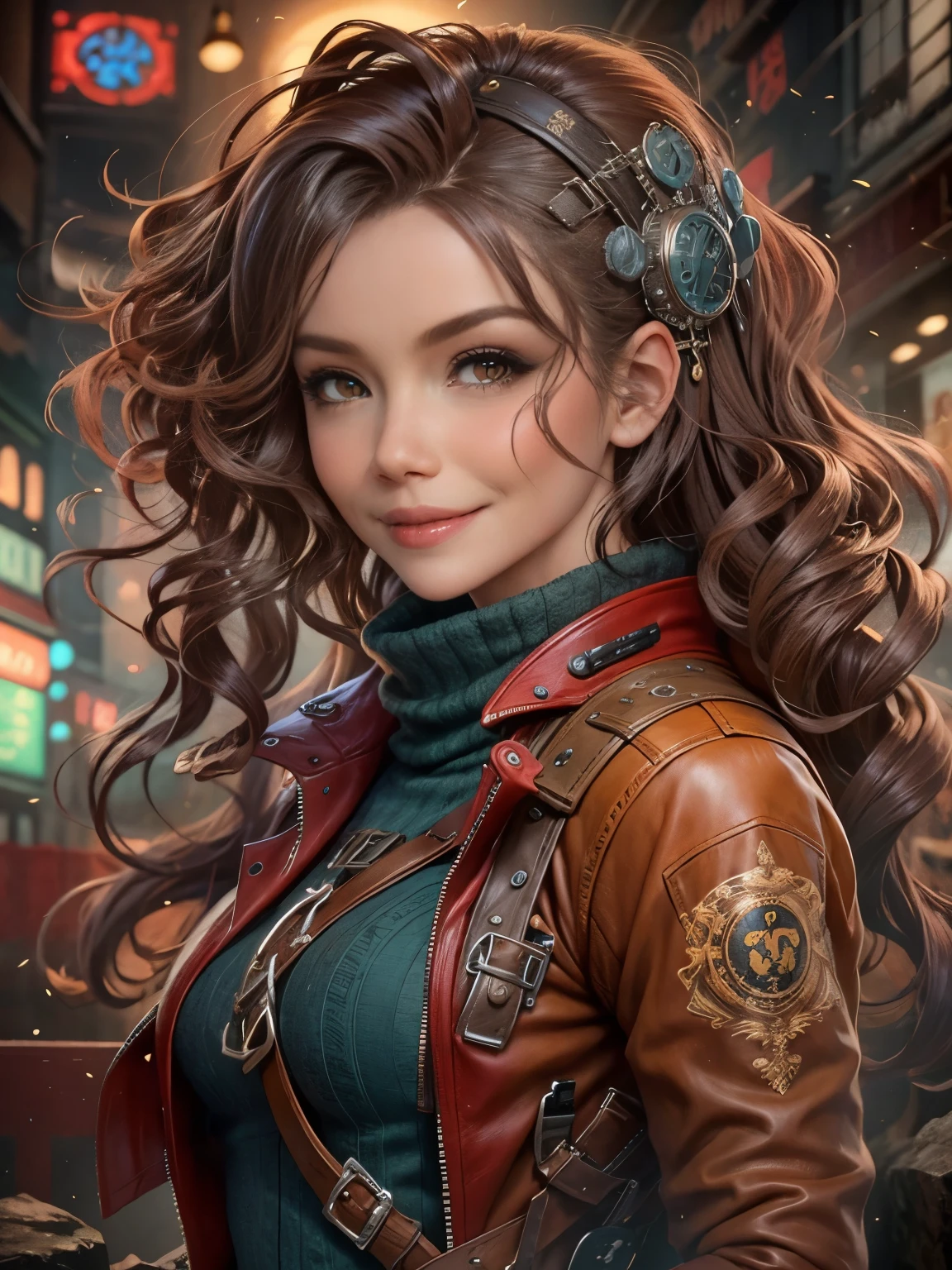 photorealistic, high resolution, game characters, 1 beautiful female, wavy hairstyle, leather jacket with a steampunk design, background otherworldly Japanese-style background—an illustration reminiscent of the beginning of a story, dynamic pose, dramatic, vivid colors. 