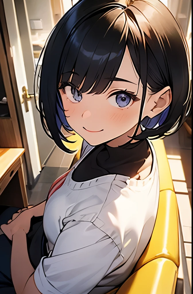 whole body(From head to toe)Image showing:1.3、masterpiece、highest quality、Beautiful woman、A thin pilot suit that resembles a leotard(Yellow Evangelion plug suit style)、Big Breasts 、Nipple erection、Black-haired、A naughty smile to please a man:1.3、Beautiful feet、Sweaty、blush、Sweaty clothes、Detailed costume、Detailed skin、Detailed face、Komaneci pose