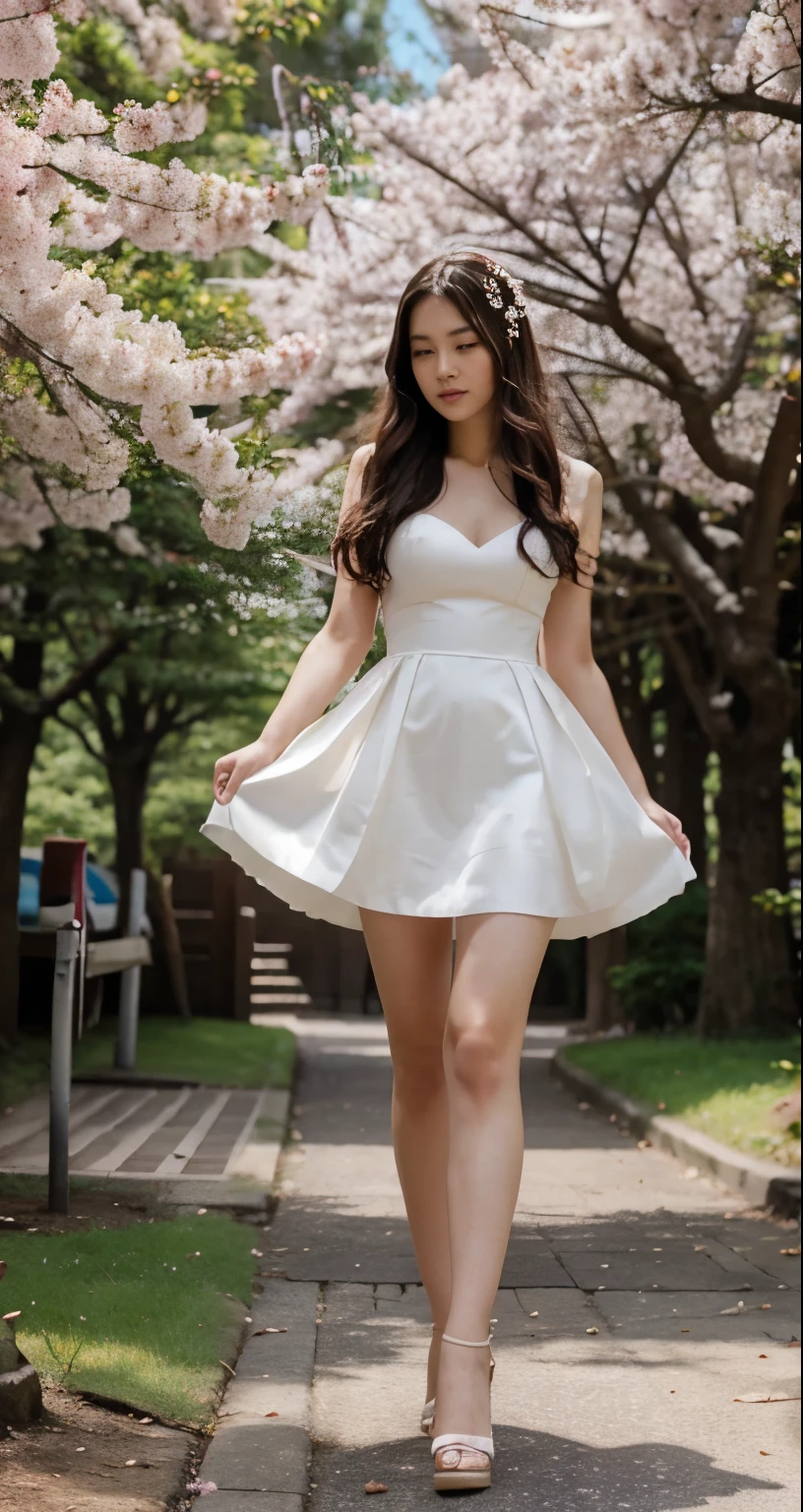 pink flower, cherry blossom forest, Cherry tree, Detailed trees blooming, There is a 25 year old Asian girl,Wearing white wedding dress,Prospects are deep,photography shoot,Super detailed, high resolution,Best Illustration, best shadow,long hair,messy hair,soft light:1.4,pale skin:1.4 8k ultra high definition,High quality full body real photos。