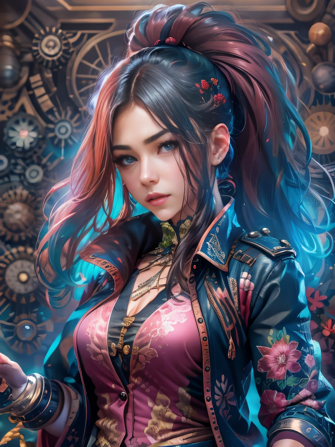 photorealistic, high resolution, game characters, 1 beautiful female, pink blue long hairstyle, leather jacket with a steampunk design, background otherworldly Japanese-style background—an illustration reminiscent of the beginning of a story, dynamic pose, dramatic, vivid colors.