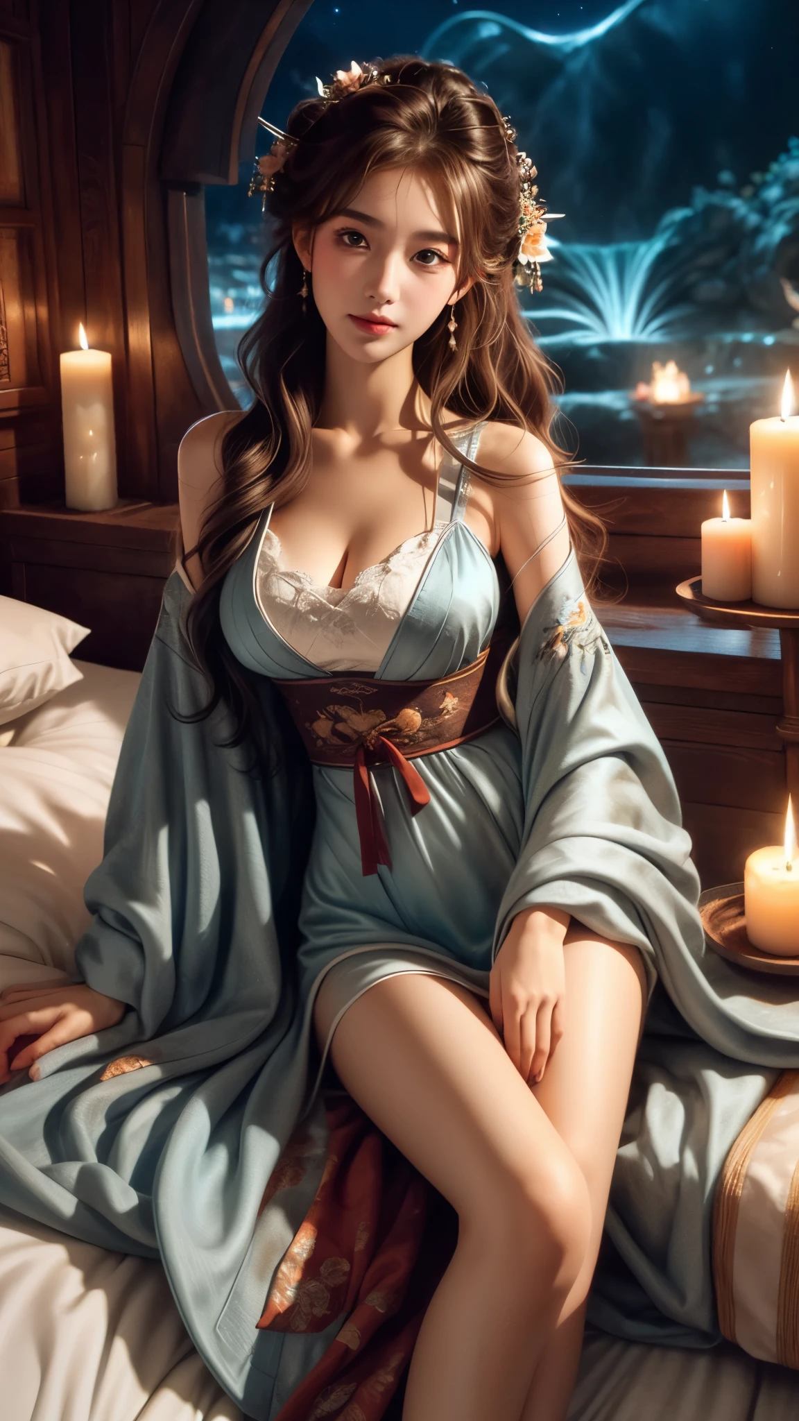 1girl, Lying in bed, ((Bird&#39;s eye view shot)), ((cowboy shot)), night, candlelight, Show off your exquisite figure and graceful curves, slim body, big breasts, cleavage, sexy legs, big eyes, elegant posture, long hair, brown hair, curls, big wave, night, candlelight, Warm colors, masterpiece, best quality, correct, 解剖学correct, official art, complex, detail的脸, detail, lifelike, Very detailed, official art