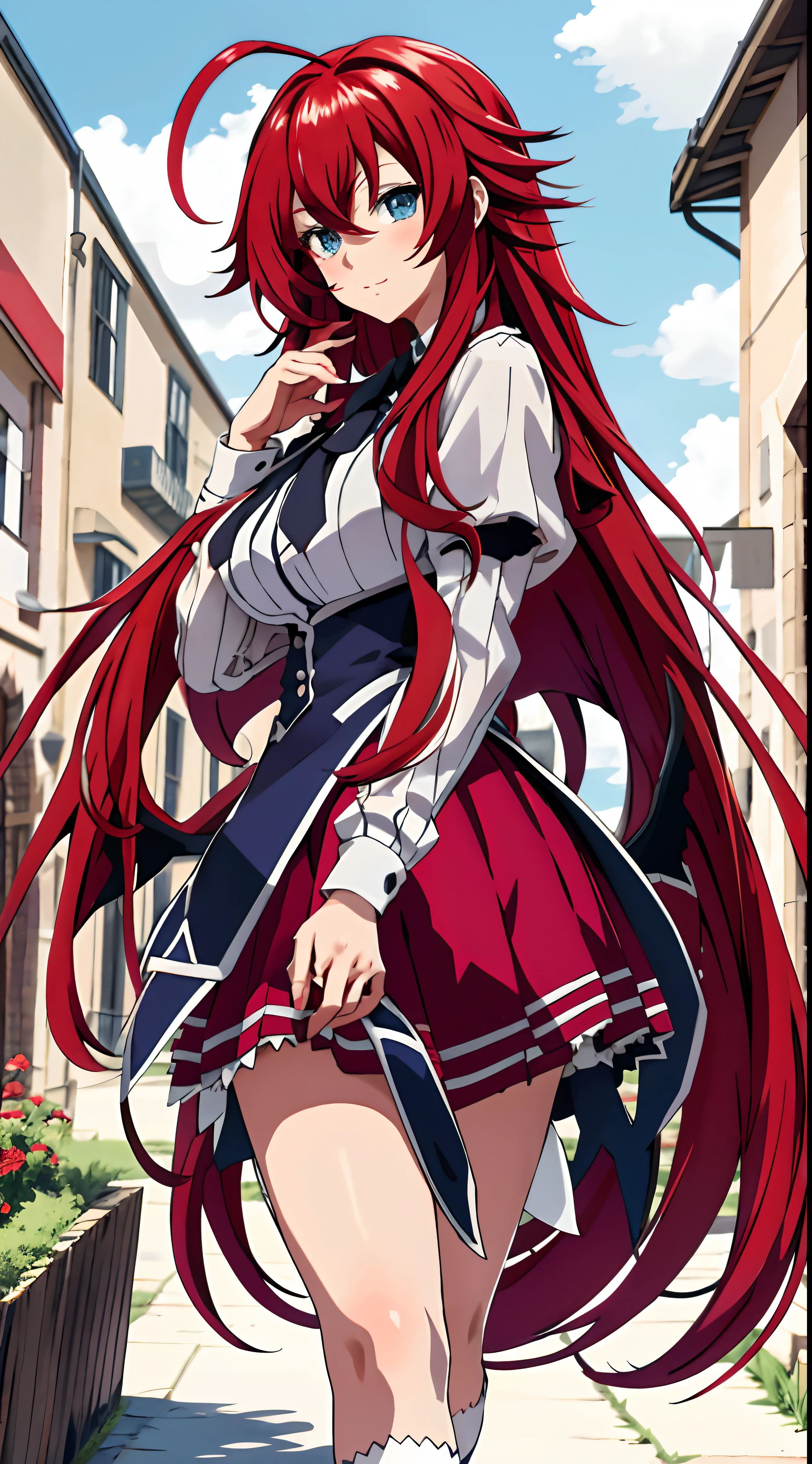 masterpiece, best quality, highres, best quality, highres, rias gremory, 1girl, long hair, school uniform, red hair, ahoge, blue eyes, large breasts, very long hair, medicbreasts, skirt, , socks, standing, outdoors,