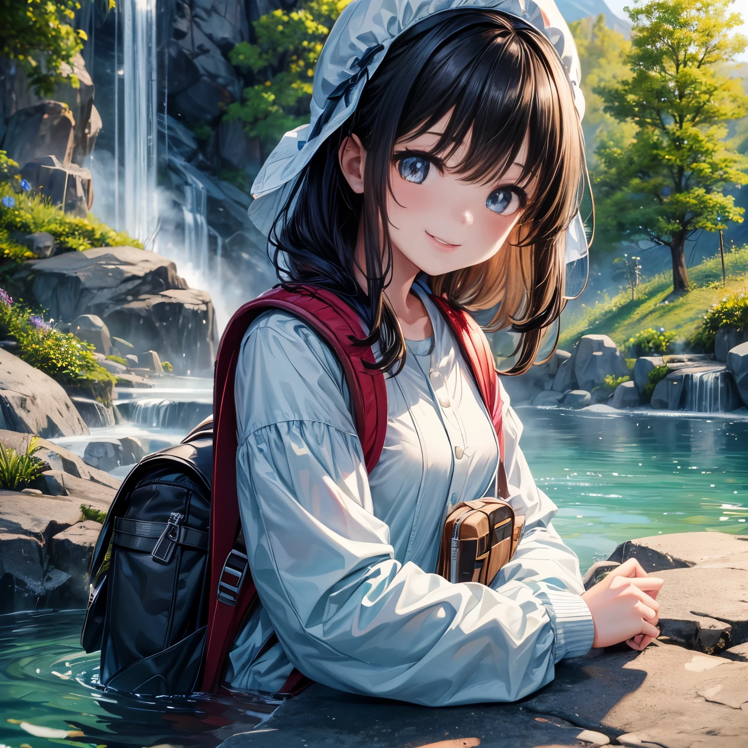 In 8K、highest quality、masterpiece、Super detailed、ultra high resolution、mountain girl、young、girl、mountain climbing、smile、rucksack、cute、in front of my eyes、hot spring、