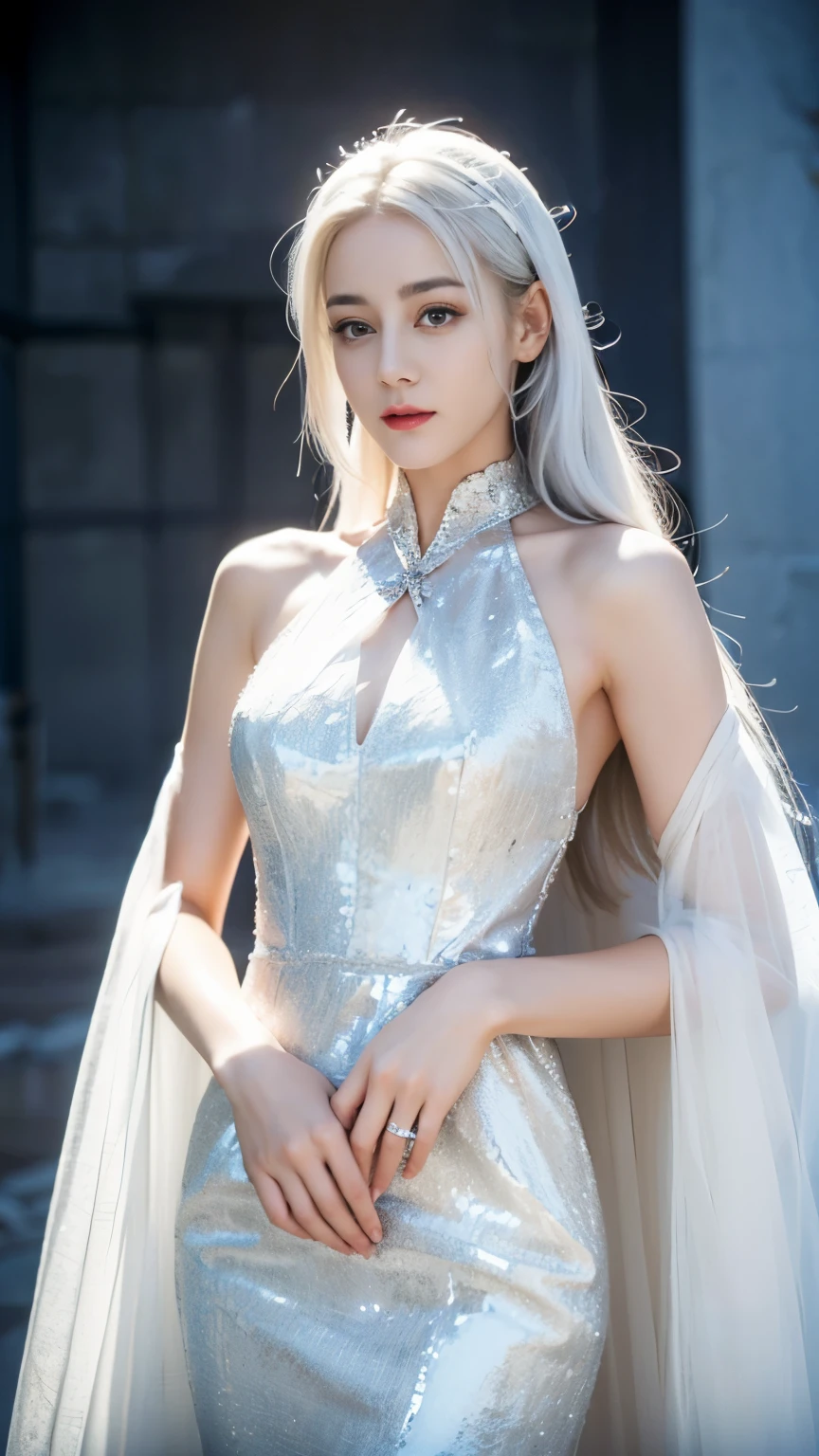 Creates an image of a blonde woman wearing a flowing dress.. Her hair has multicolored highlights., And she accessorized with crystal earrings and a tiara.. This dress is designed with a gradient pattern., surrealism, Shows influence from various art styles, including Gothic art.. Configuration includes cinematic lighting., depth of field, You can also add blindfolds or mysterious elements to add an interesting feel to the scene... The focus is still on female beauty., By incorporating keywords provided by CART,.