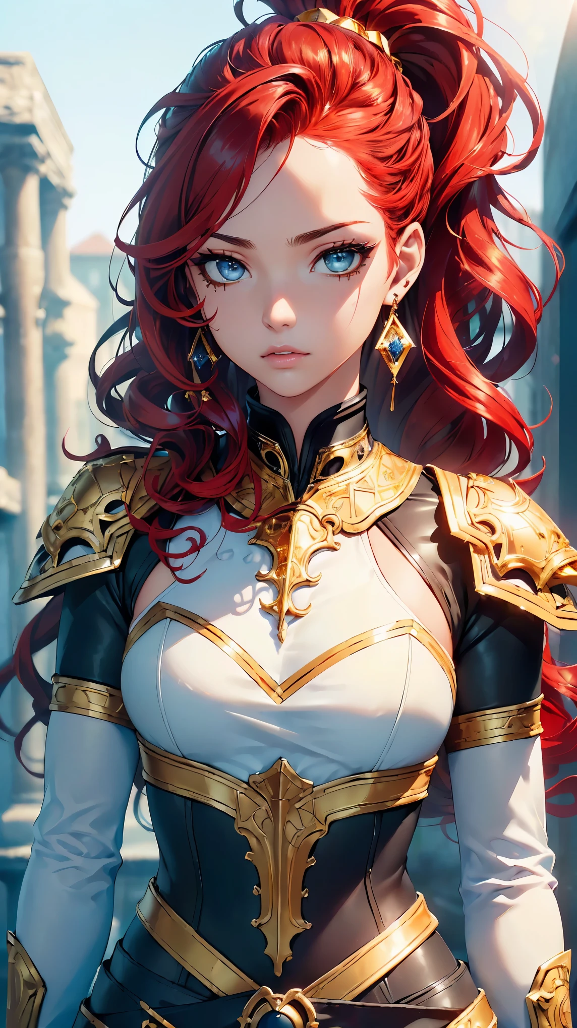 (8k, RAW photo, 最high quality, masterpiece:1.2), High-definition RAW color photo, Professional photo shoot, cinematic light, alone, (((young woman, gal))), (detailed expression), (round eyes), (small face), (high detail skin:1.2), clavicle, cute face, beautiful appearance, long eyelashes, (brown hair, long wavy hair, black eye), ((distinctive earrings)), (slim body shape:1.4), very detailed顔と肌の質感, fine eyes, double eyelid, whole body, (rogue:1.1), woman wearing gold, (leather armor:1.3), worn out armor sewn together, (very detailed:1.5), (gold and white:1.5), Highly detailed and intricate Gothic art, Fantastic, intricate details, (small blue highlights:1), (redhead, wavy hair, high ponytail:1.4), shiny skin, perfect fingers, five fingers, anatomically correct, background bokeh, high quality, surreal, bright colors, ((Nikon, 135㎜, f/1.8, very detailed, Lens flare, photo shoot)),