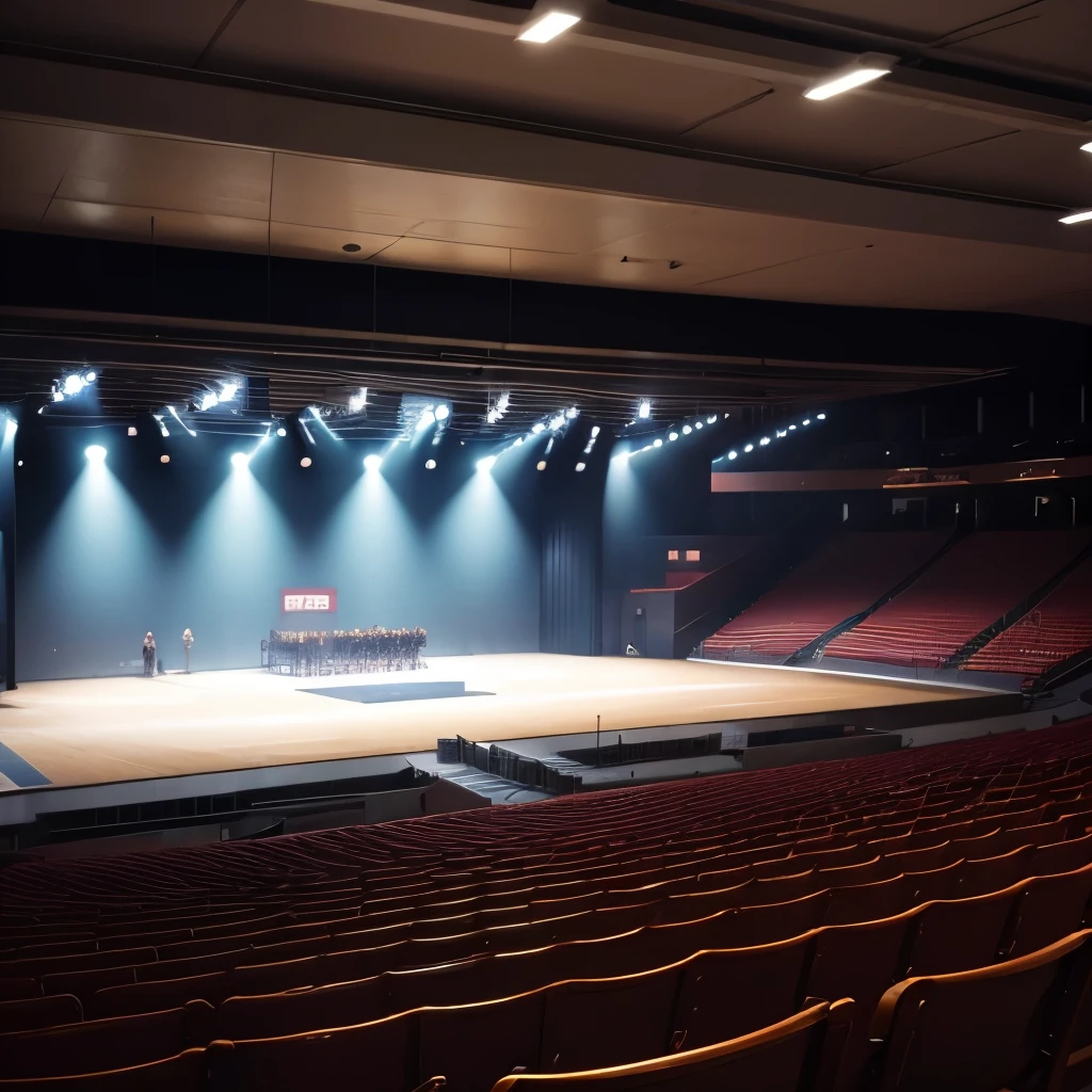 A school gymnasium attended by students aiming to become idols、There is a stage for idols to sing、There's a lot of lighting too