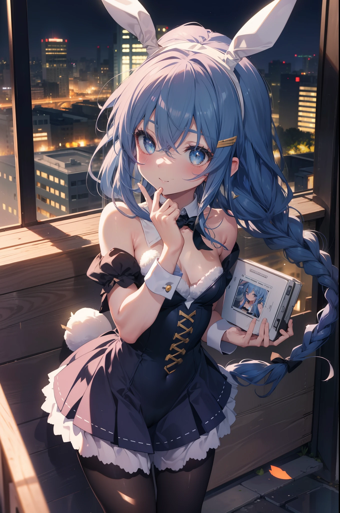 Roxymigurdia, Roxy, Ahoge, black ribbon, blue eyes, blue hair, Braid, hair between eyes, hair ribbon, long hair, twin Braids, very long hair, have, witch have,blush,smile,(Bunny girl:1.5),(Black Playboy Bunny:1.0),White pantyhose,Heel,sexy pose,have a magic wand,
break looking at viewer,
break outdoors, city,
break (masterpiece:1.2), highest quality, High resolution, unity 8k wallpaper, (figure:0.8), (detailed and beautiful eyes:1.6), highly detailed face, perfect lighting, Very detailed CG, (perfect hands, perfect anatomy),