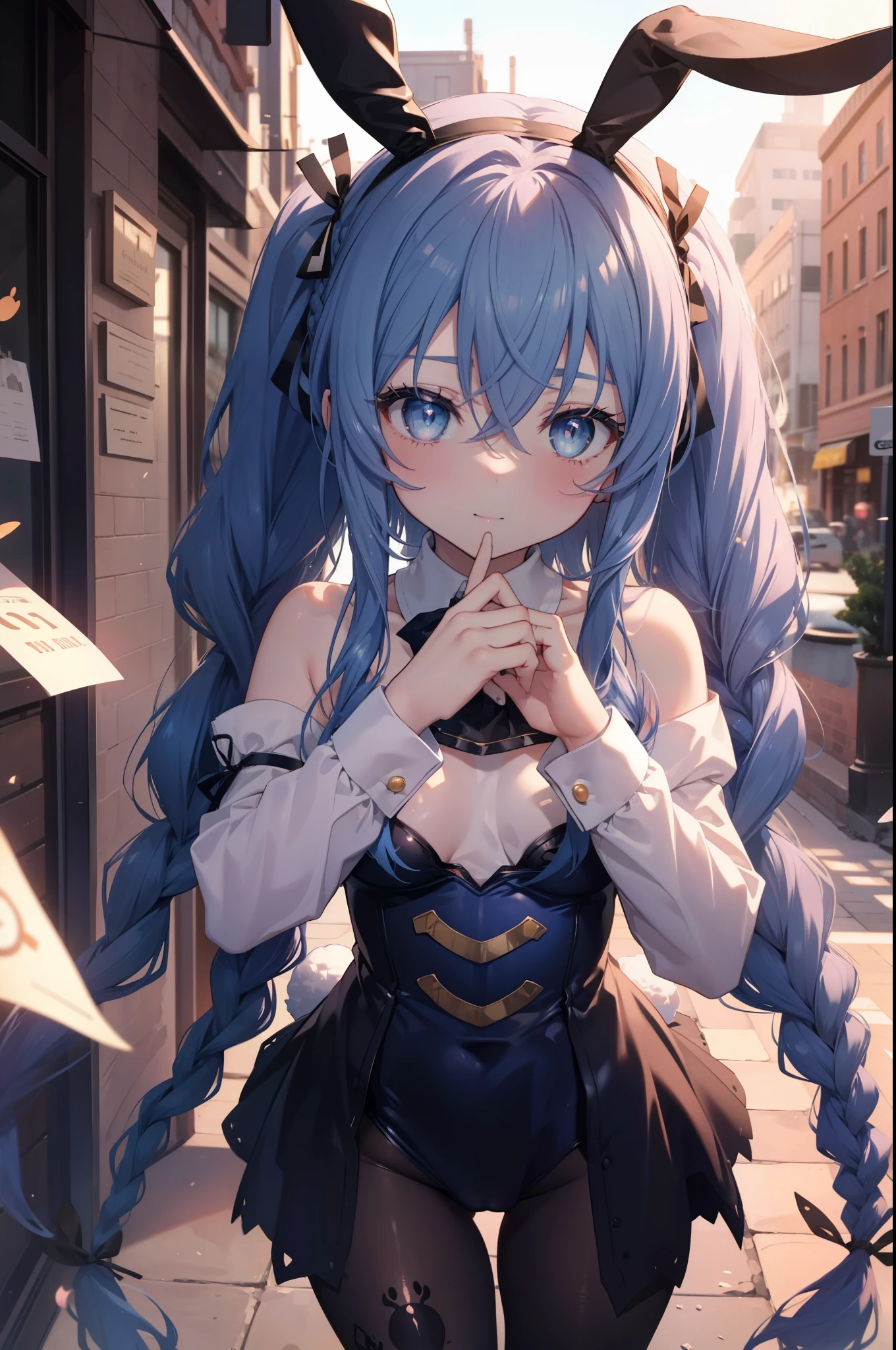 Roxymigurdia, Roxy, Ahoge, black ribbon, blue eyes, blue hair, Braid, hair between eyes, hair ribbon, long hair, twin Braids, very long hair, have, witch have,blush,smile,(Bunny girl:1.5),(Black Playboy Bunny:1.0),White pantyhose,Heel,sexy pose,have a magic wand,
break looking at viewer,
break outdoors, city,
break (masterpiece:1.2), highest quality, High resolution, unity 8k wallpaper, (figure:0.8), (detailed and beautiful eyes:1.6), highly detailed face, perfect lighting, Very detailed CG, (perfect hands, perfect anatomy),