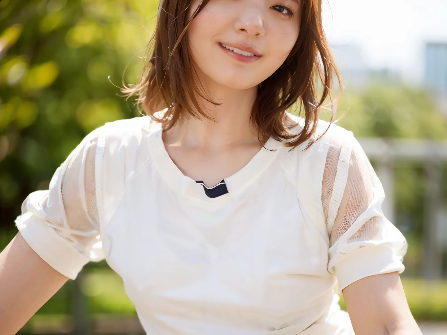 highest quality, girl, skin dents, sun, bright, blurred background, outdoors, (street:0.5), (bangs, wavy hair:1.5), (white t-shirt:1.8), (see-through shirt:1.8), nice (floating hair:1.5), (dynamic pose:1.8), soft lighting, Wind, garden