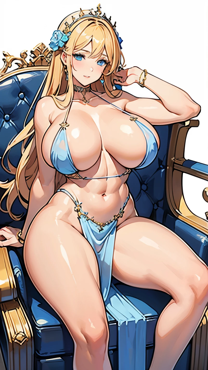 Greek goddess Aphrodite, serious and sexy face, has a face of supernatural beauty and short curly blonde hair decorated with flowers, as well as blue eyes. (perfect anatomy) , (perfect eyes) Her figure is extremely voluptuous, (Gigantic breasts:1.4), Fitness hip, fabric covering breast, cracked abdominal muscle, White silk dress, big abs muscle, she sits on her great throne of Greek marble, work of art.