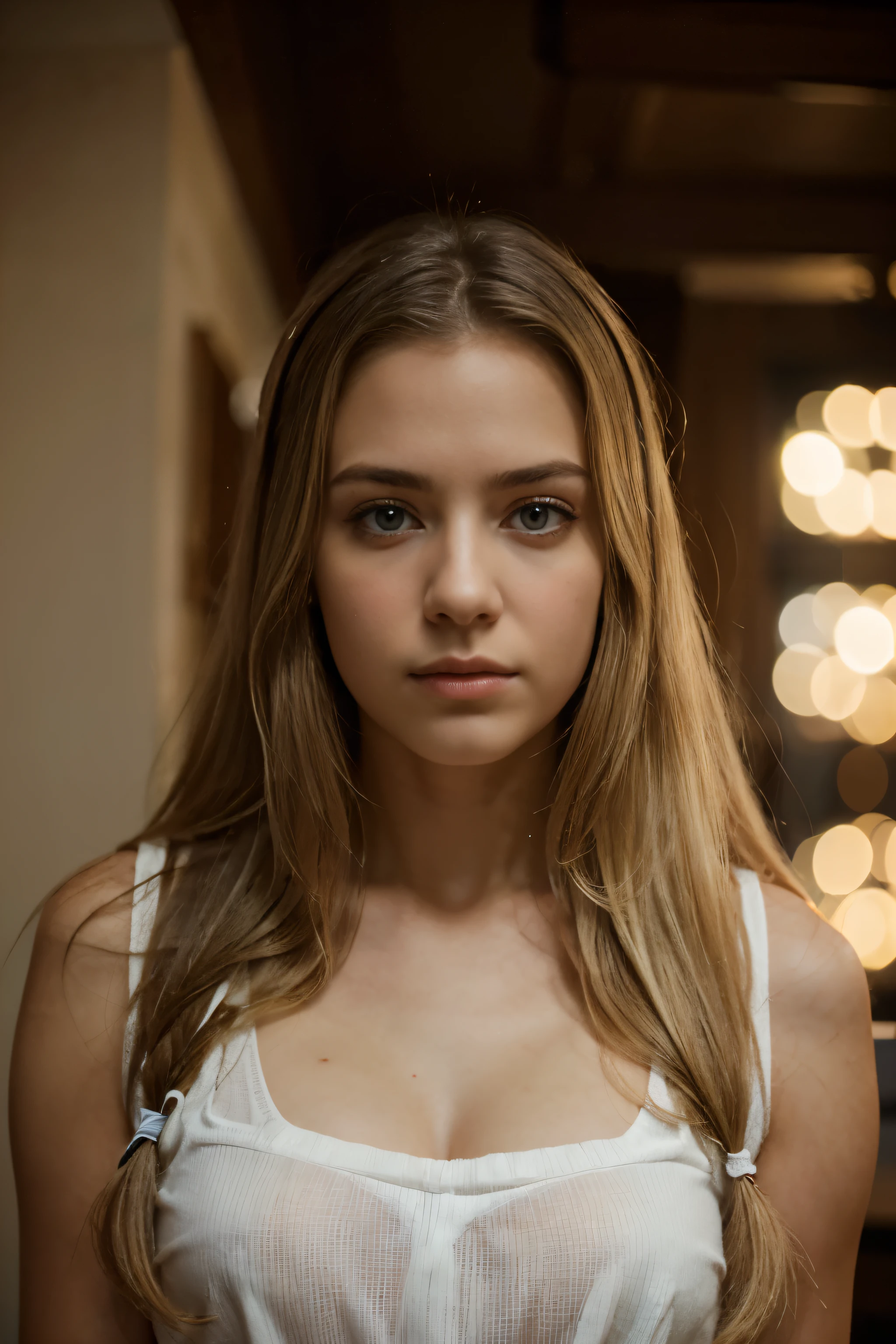 (Mejor calidad,8K,ultra detallado,Obra maestra:1.2),hermoso y estetico,hyperrealism,Photography,retrato,hermosa chica, adolescente, ojos grises, Cabello largo y rubio, sad expression, violin.