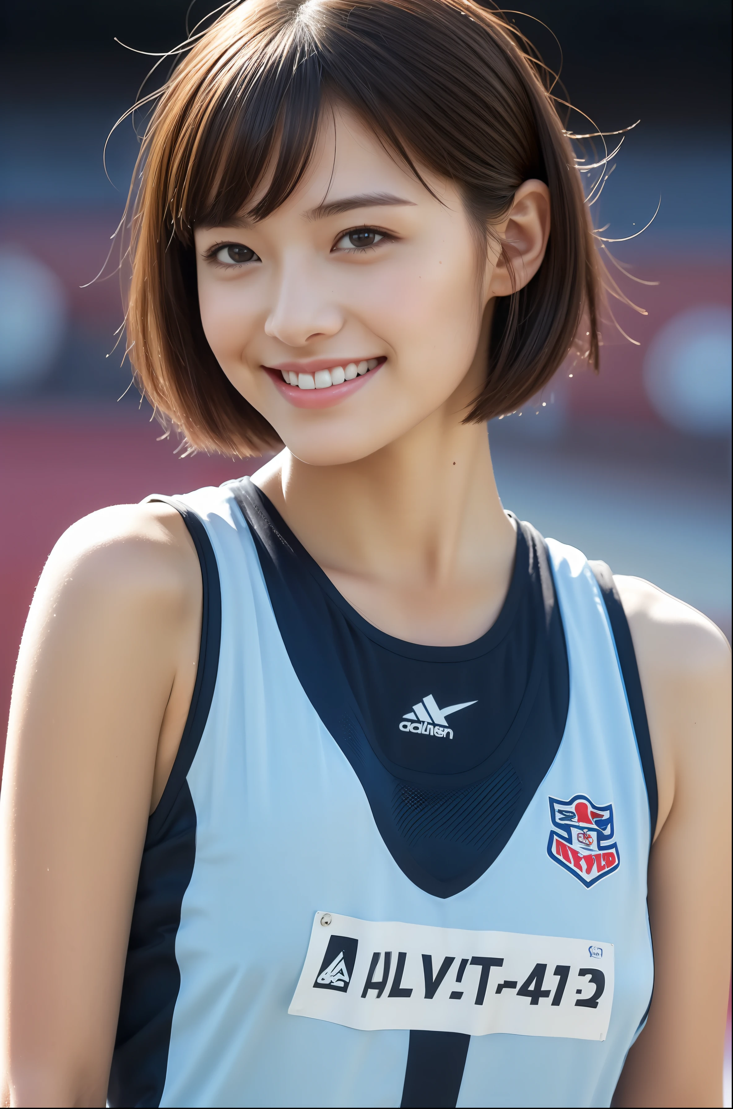 (((full bodyesbian)))、((Short-cut hairstyles))、Perfect style、beauty legs、kawaii、((Track & Field Athletes Women))、japanese beauty girl、(((1人)))、Competition uniforms、((stadium))、Transcendent cute、A slight smil、Beautiful breasts、full bodyesbian、athletic field、((Outstanding style))、((Healthy body))、 Photorealsitic、Beautiful detailed eyes、Hyper-Realism、highcontrast、Ultra HD、realistic skin textures、Top image quality、top-quality、超A high resolution、Fine details、Very meticulously