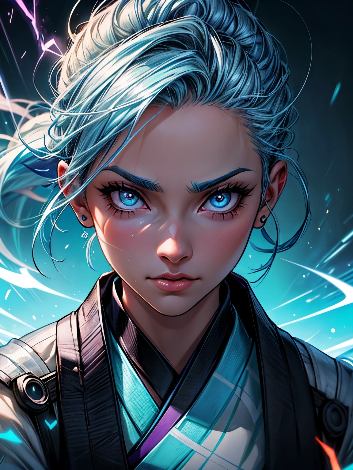 there is a woman with medium light blue hair, eye with thunder drawn in the middle, close-up no olho, neon, energy and powers sparks of light coming out of the woman, kimono branco com azul, lindo, highlights fortes, sombra forte, foco no meio, arbustos no fundo