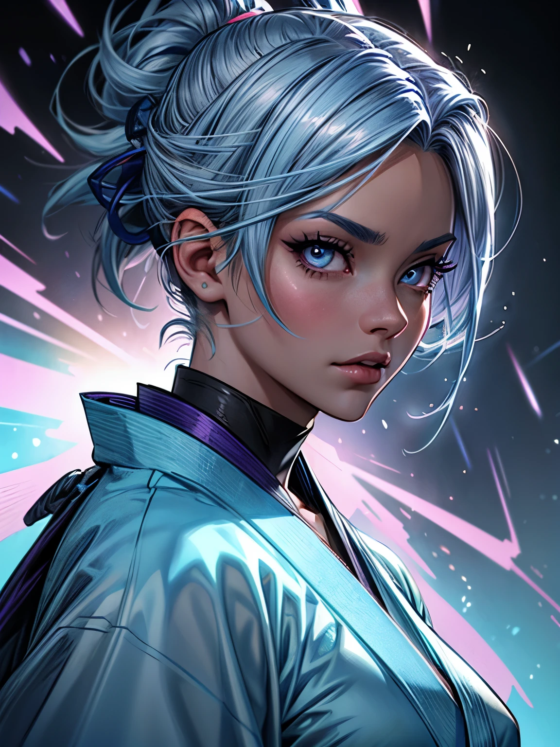 there is a woman with medium light blue hair, eye with thunder drawn in the middle, close-up no olho, neon, energy and powers sparks of light coming out of the woman, kimono branco com azul, lindo, highlights fortes, sombra forte, foco no meio, arbustos no fundo
